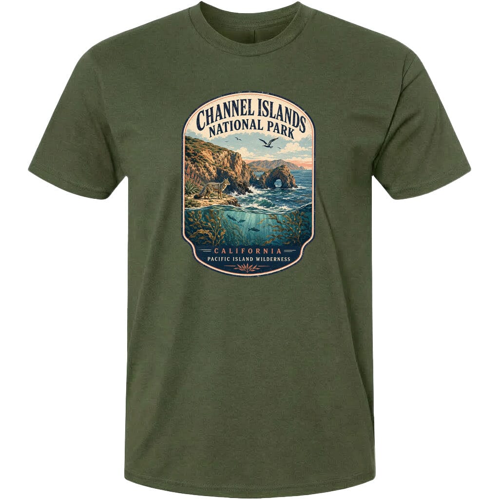 A t-shirt design featuring a scenic landscape with a coastal area, mountains, and a body of water.