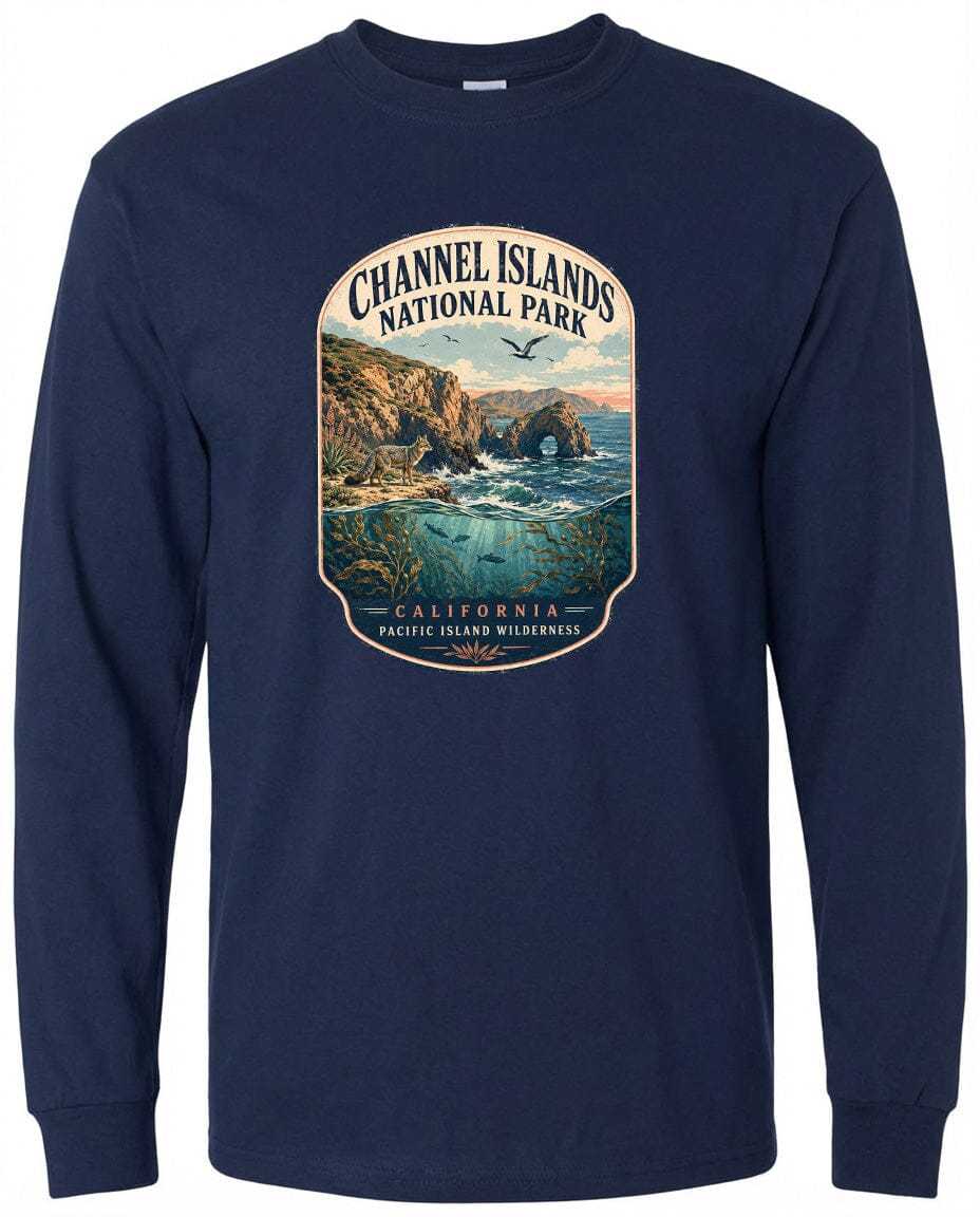 A navy blue long-sleeved t-shirt with a graphic design depicting a scenic landscape featuring a rocky coastline, a bay, and a bird flying overhead.