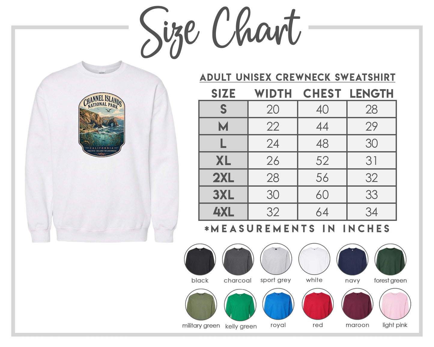 The image is a size chart for an adult unisex crewneck sweatshirt. It includes a white sweatshirt with a graphic design and a table with size measurements for different chest and waist sizes.