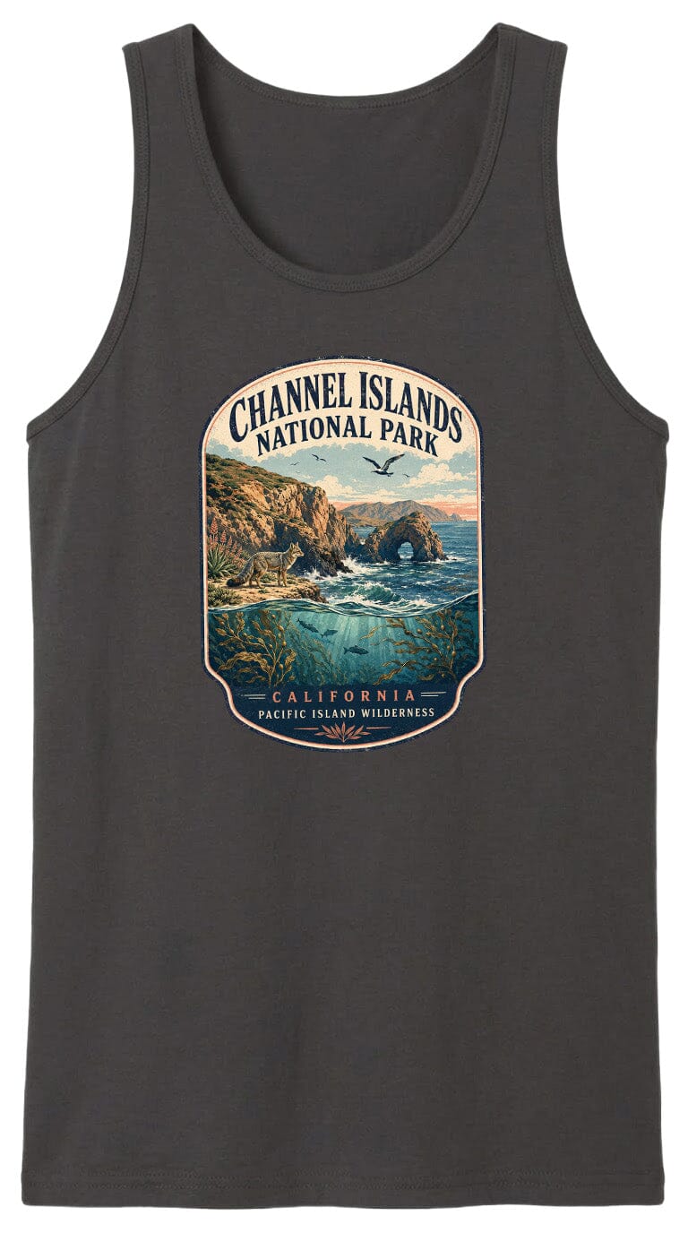 A graphic design on a gray tank top featuring a scenic landscape with a body of water, mountains, and a bird in flight.