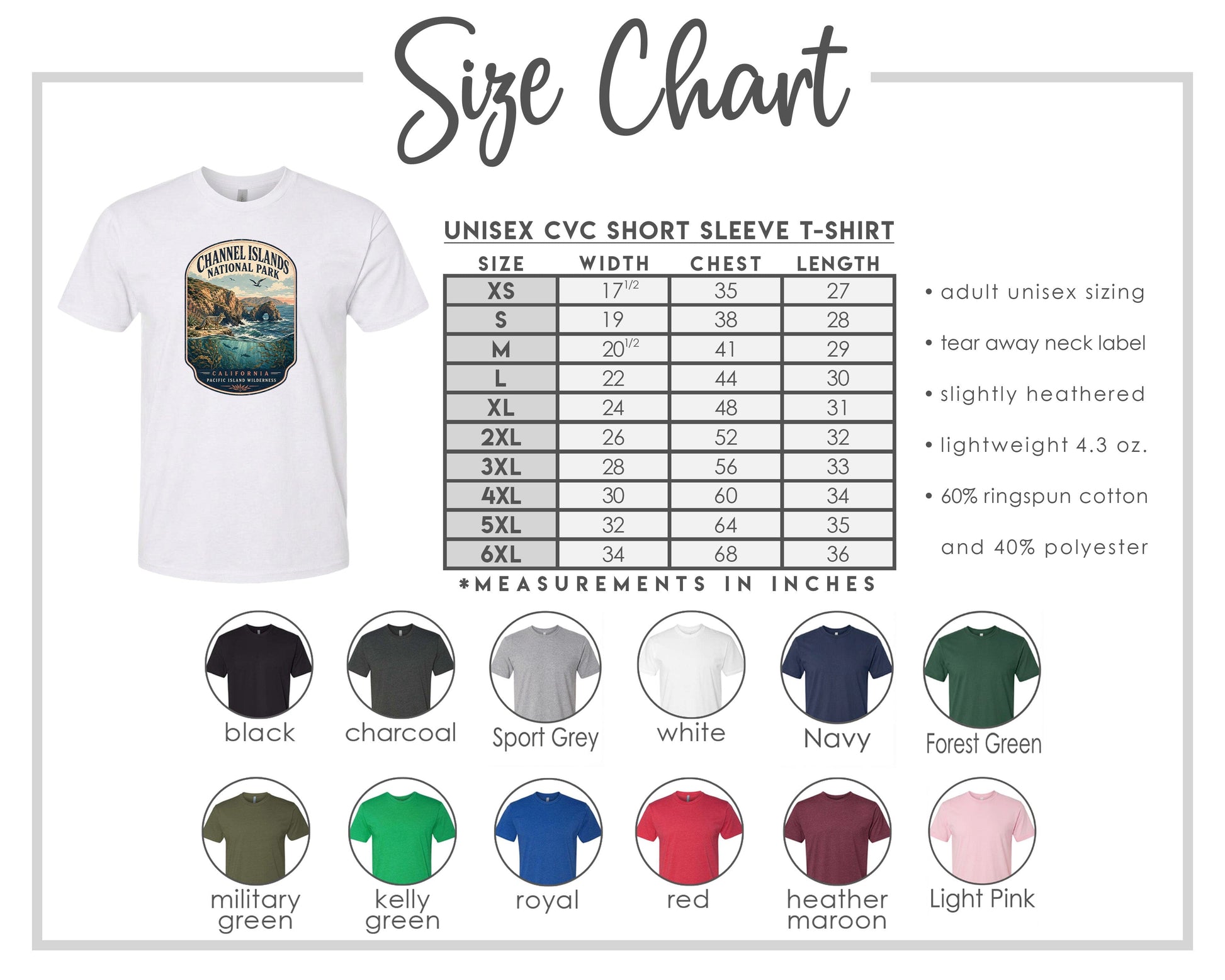 The image is a size chart for a UNISEX CVC short sleeve t-shirt, including various sizes and measurements in inches.