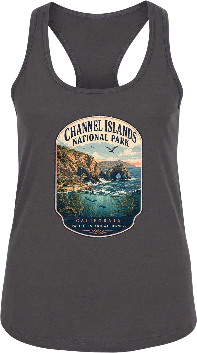 A gray tank top with a graphic design depicting the Channel Islands National Park in California, featuring a scenic landscape with cliffs, water, and wildlife.