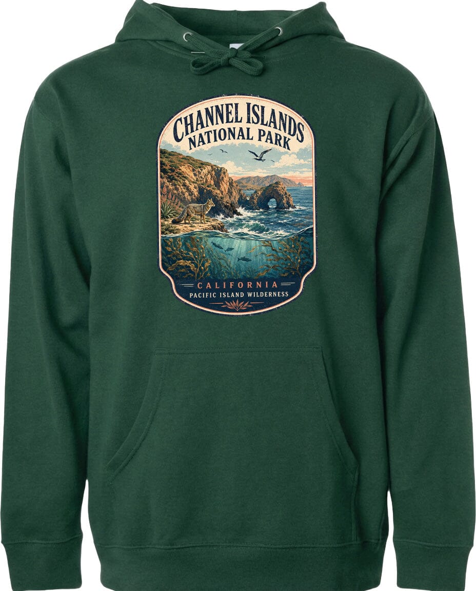 A hoodie with a graphic design depicting a scenic landscape with cliffs, water, and a bird in flight. The text on the hoodie reads "Channel Islands National Park, California, Pacific Island Wilderness Area".