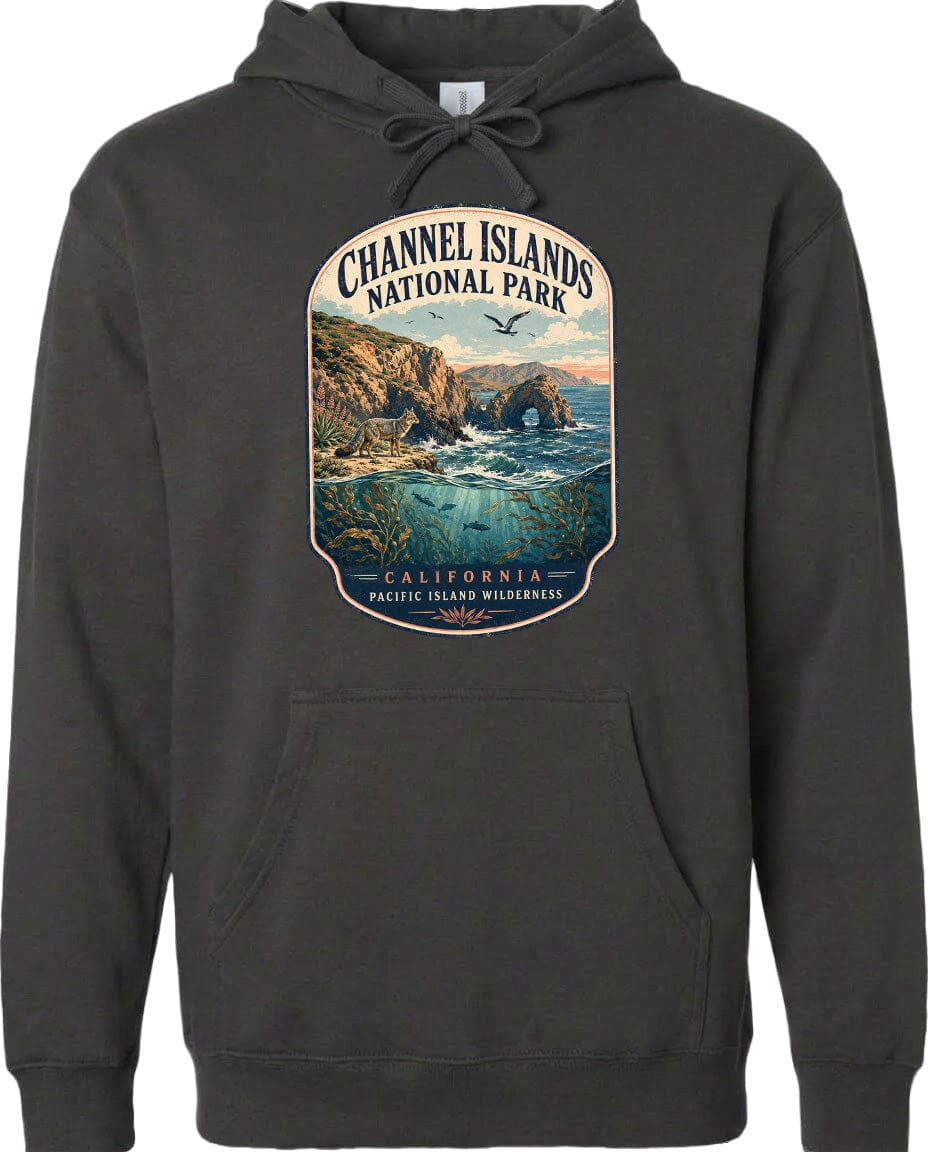 A hoodie with a graphic design depicting a scenic landscape with cliffs, water, and a bird in flight. The text above the design reads "Channel Islands National Park" and below it says "California Pacific Islands Wilderness".
