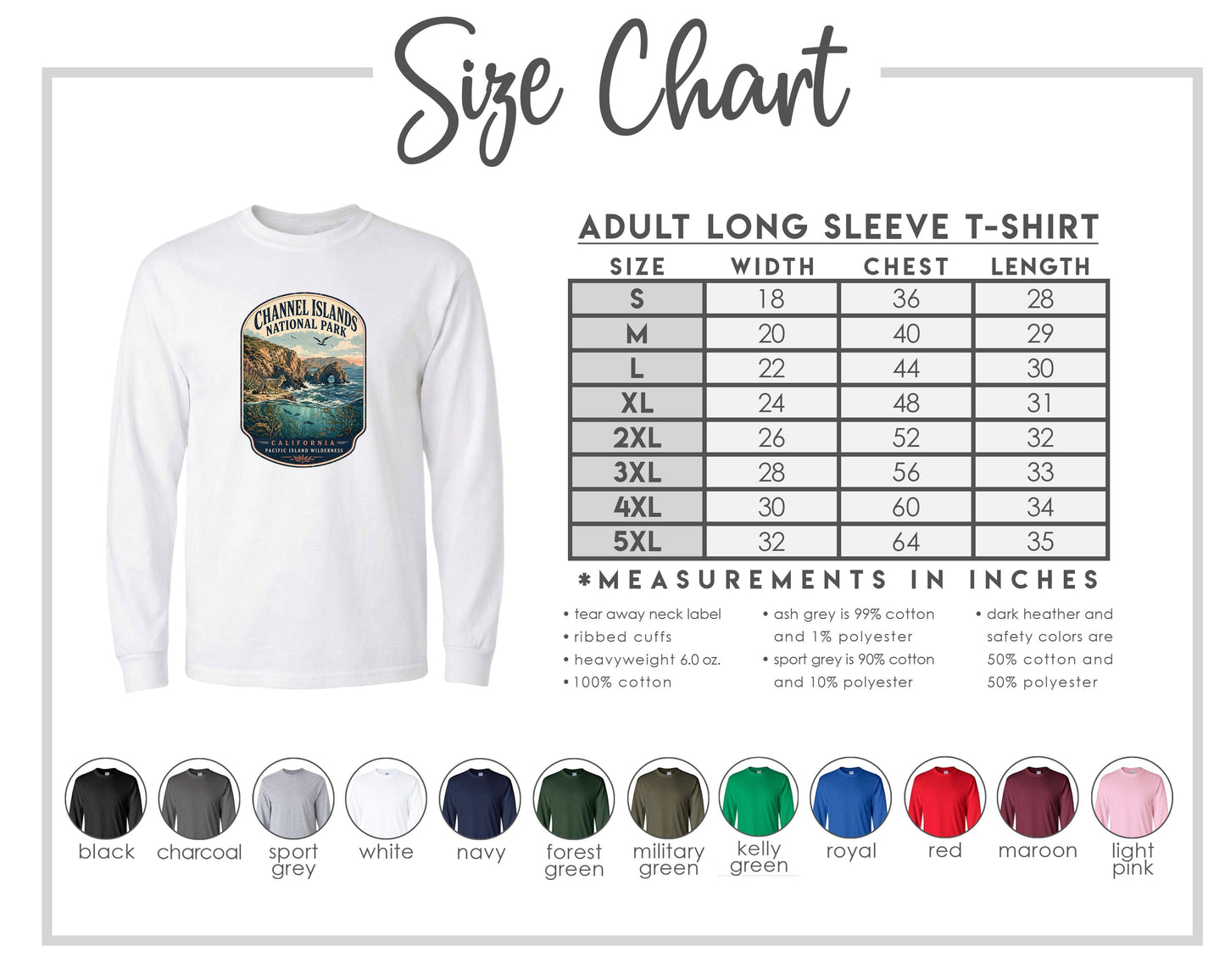 The image is a size chart for an adult long sleeve t-shirt, providing measurements for different chest sizes and corresponding shirt lengths.