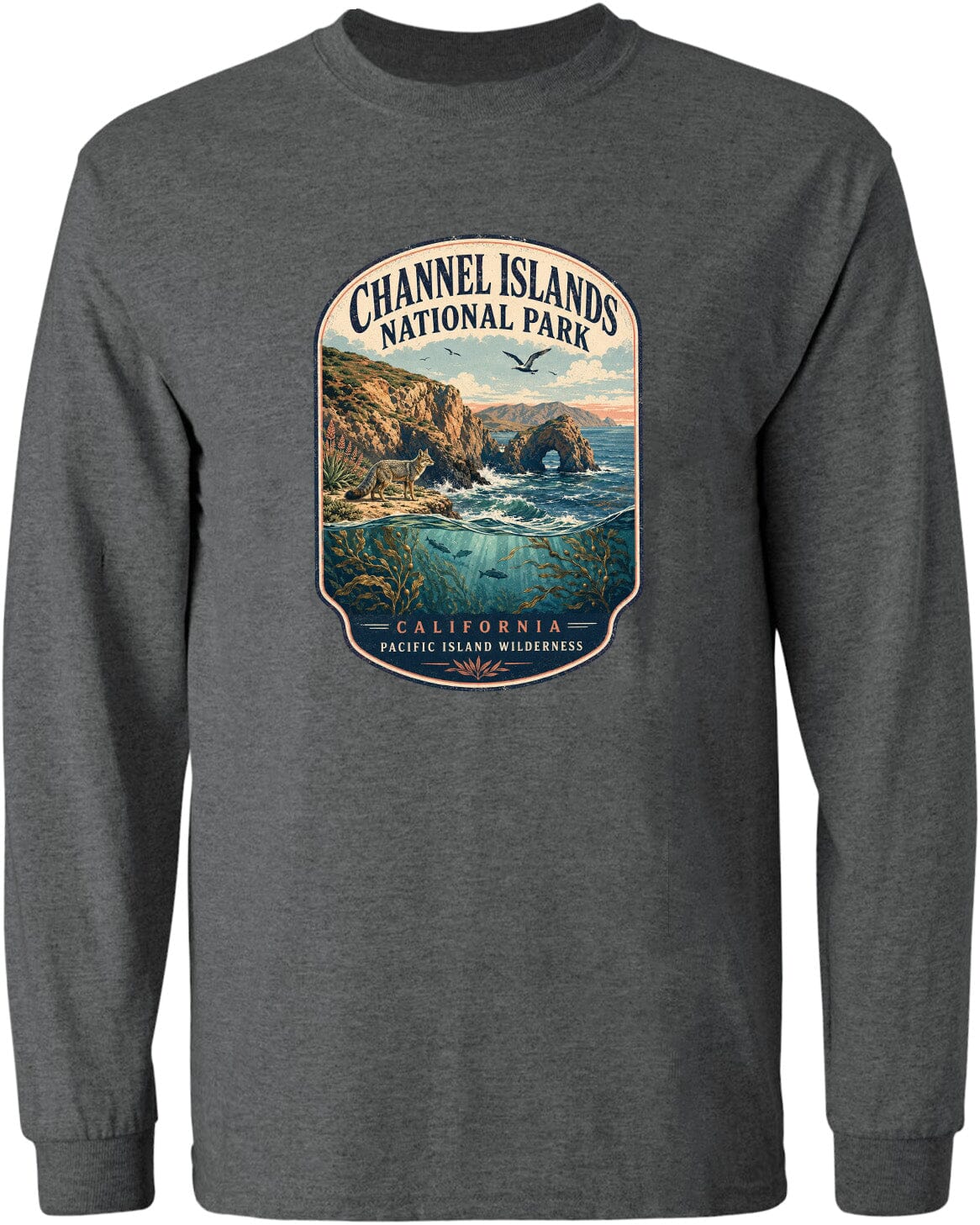 A gray long-sleeved t-shirt with a graphic design depicting a scenic coastal landscape, including cliffs, water, and a bird in flight.