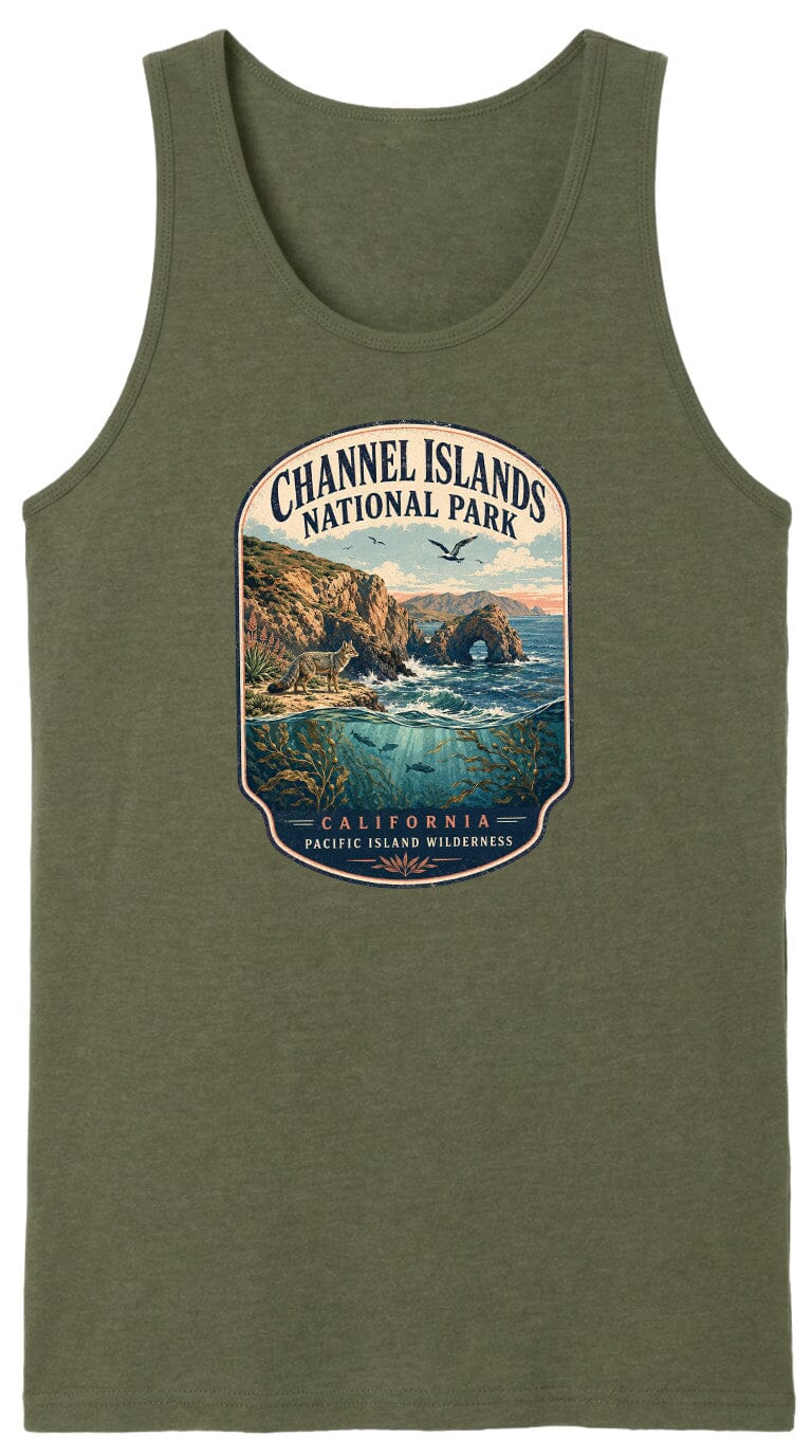 A green tank top with a graphic design depicting a scenic landscape with a body of water, mountains, and a bird in flight.