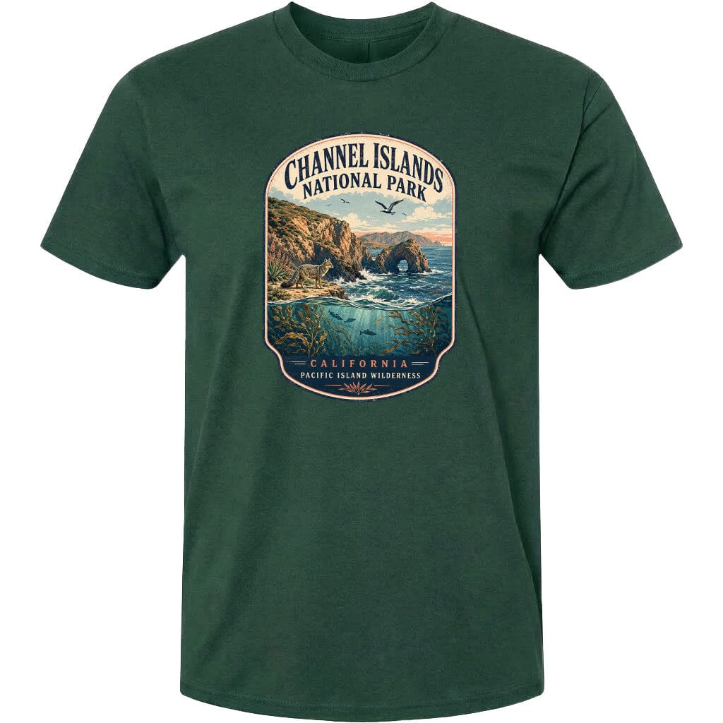 A green t-shirt with a graphic design depicting a scenic landscape featuring a coastal area, cliffs, and water.
