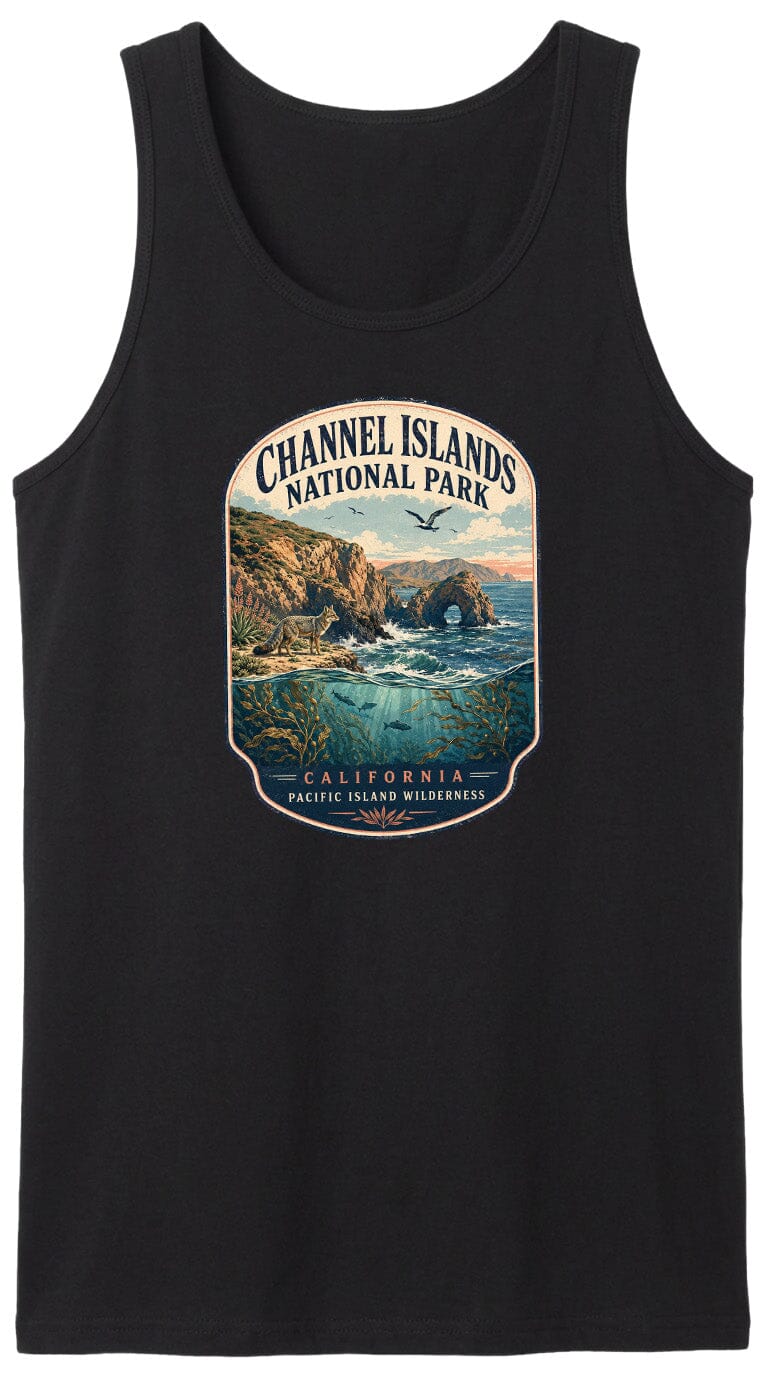 A black tank top with a graphic design depicting a scenic landscape with a body of water, mountains, and a bridge.