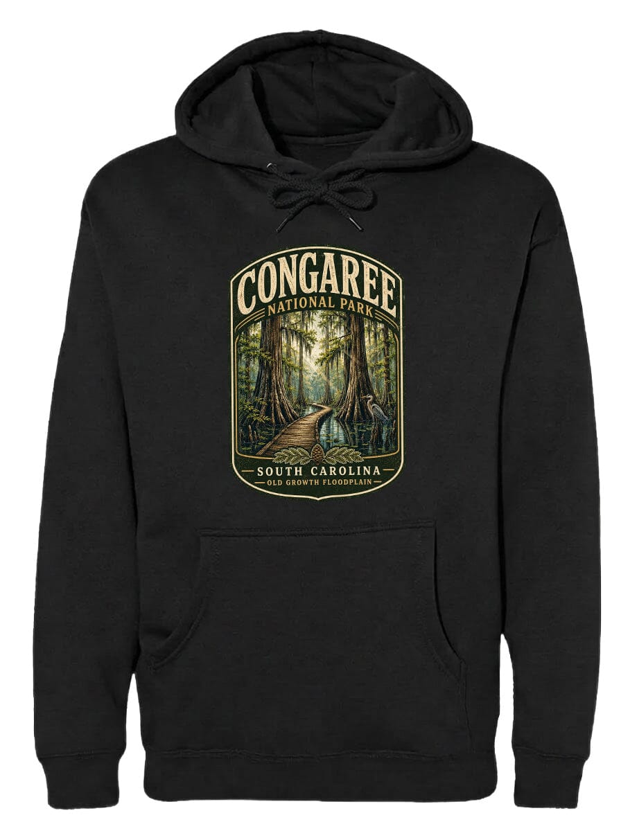 A black hoodie with a graphic design depicting a forest scene, specifically the Congaree National Park in South Carolina.