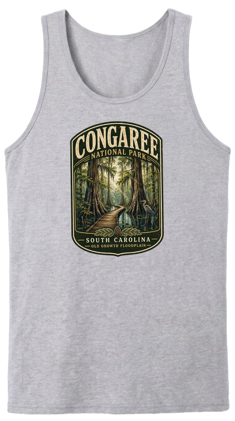 A gray tank top with a graphic design depicting a forest scene with a path leading through it, surrounded by trees and foliage.