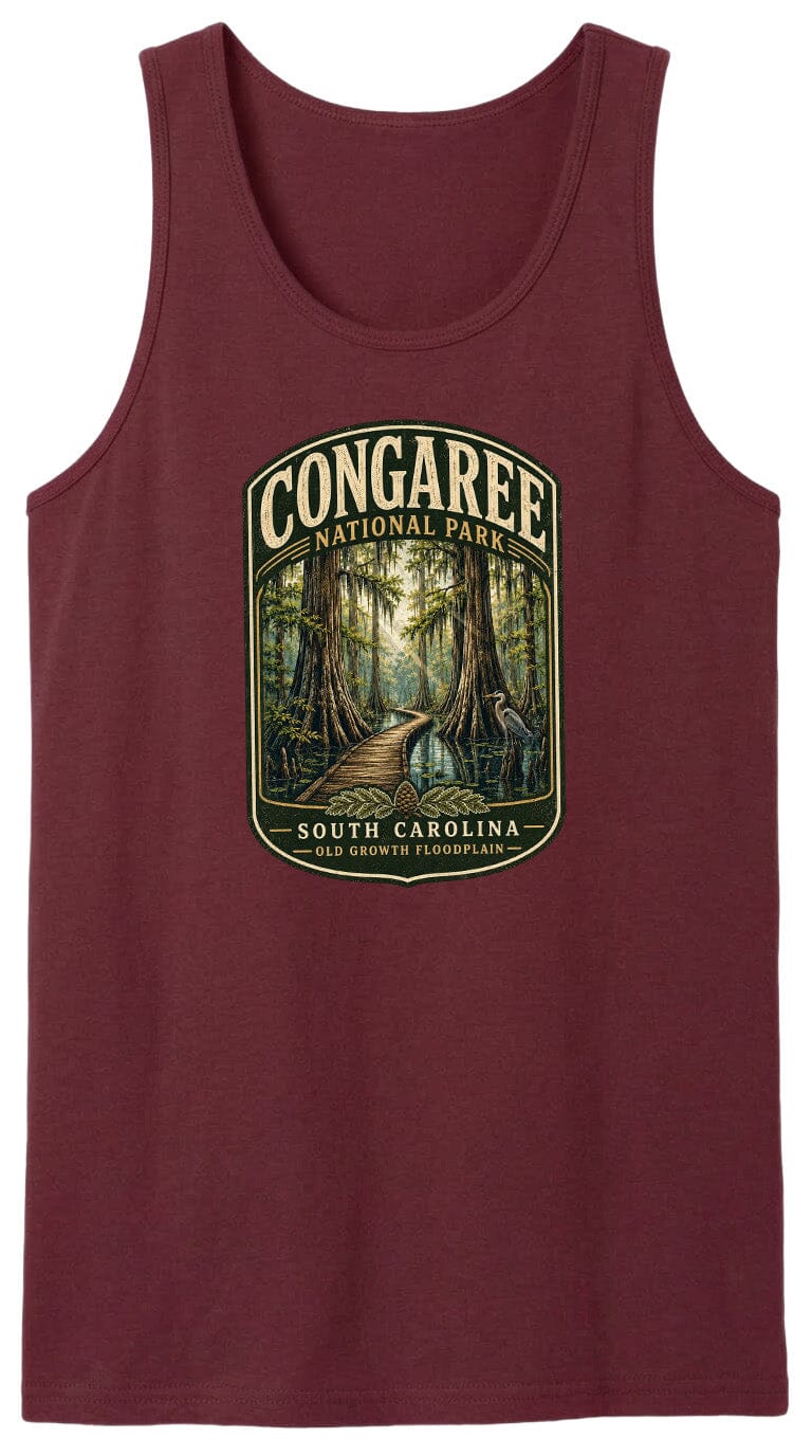 A red tank top with a graphic design depicting a forest scene with a path leading through it, surrounded by trees and foliage.