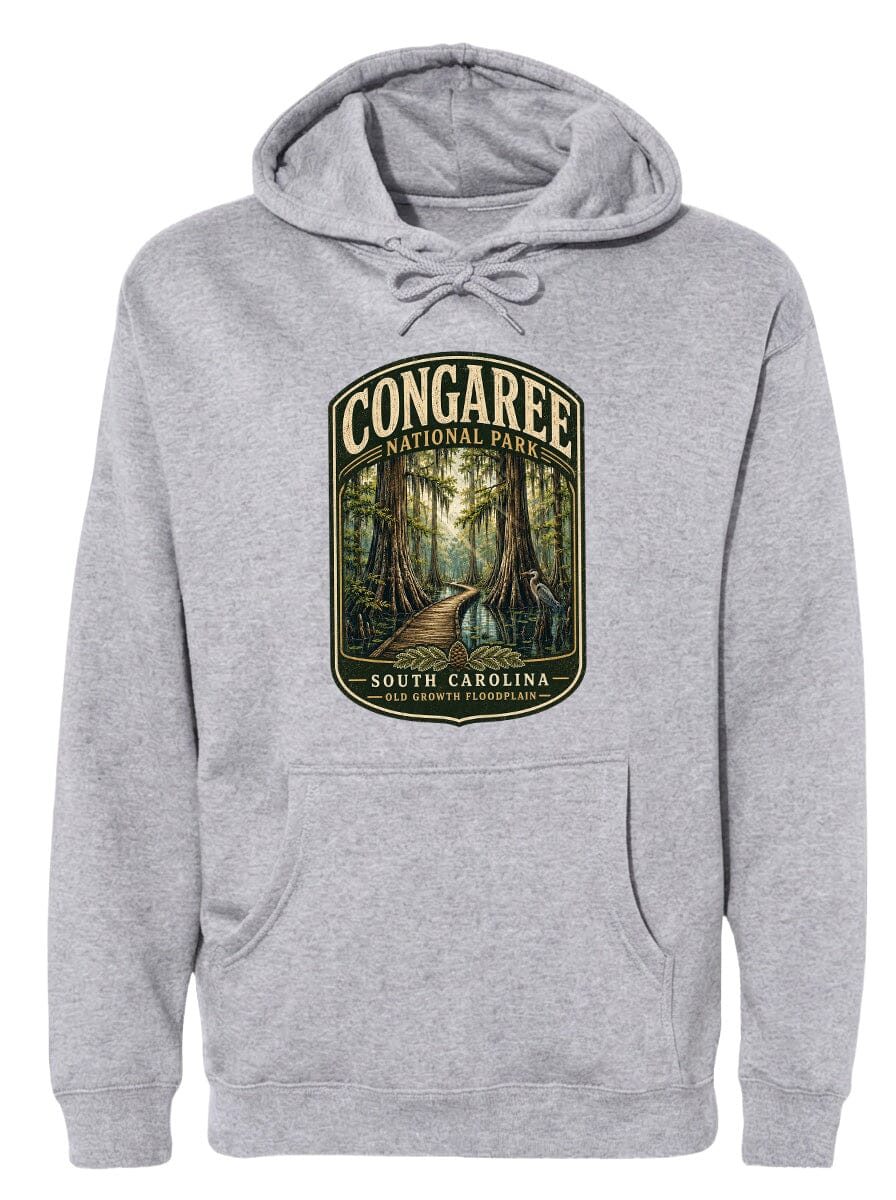 A gray hoodie with a graphic design depicting a forest scene, specifically the Congaree National Park in South Carolina.