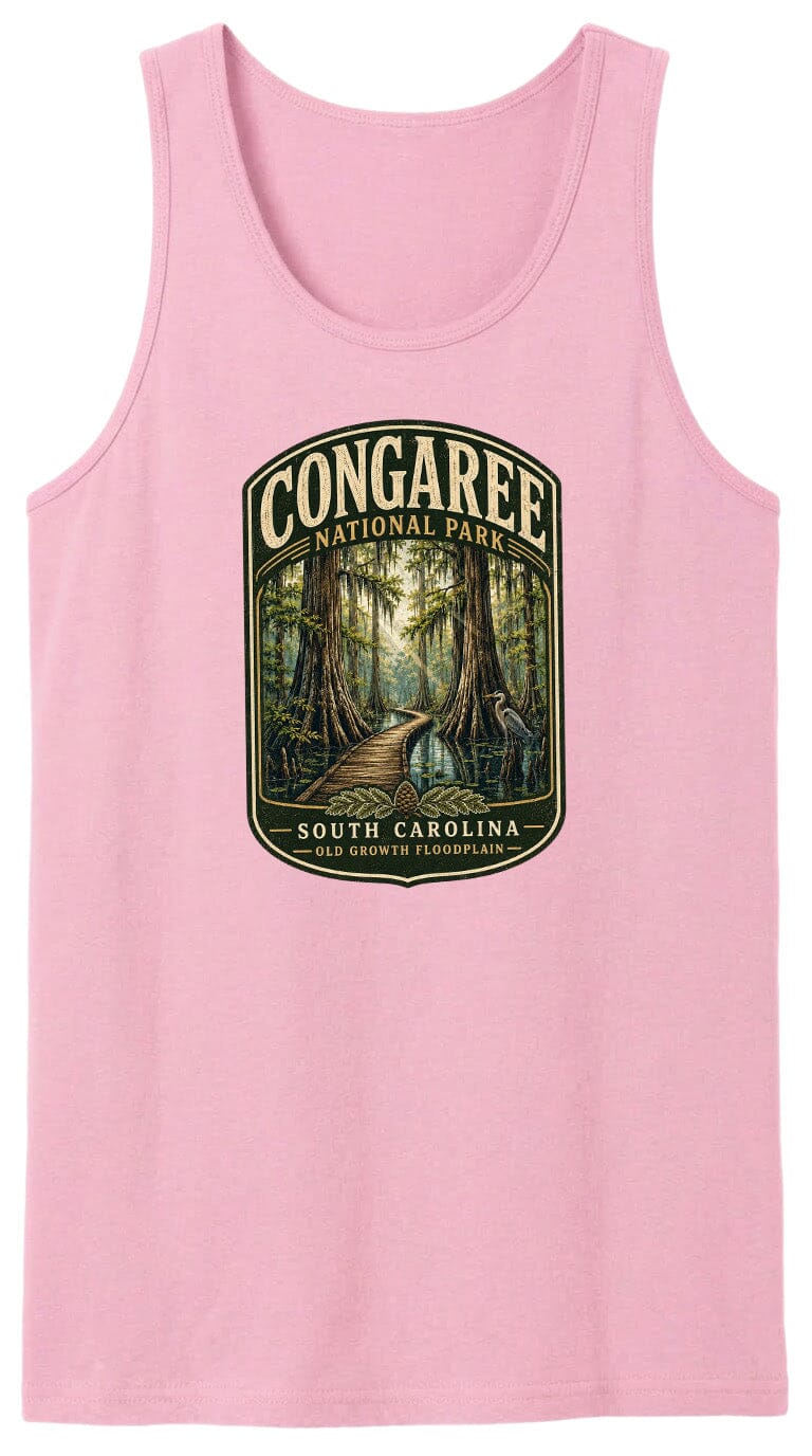 A pink tank top with a graphic design depicting a forest scene with a path leading through it, surrounded by trees and foliage.