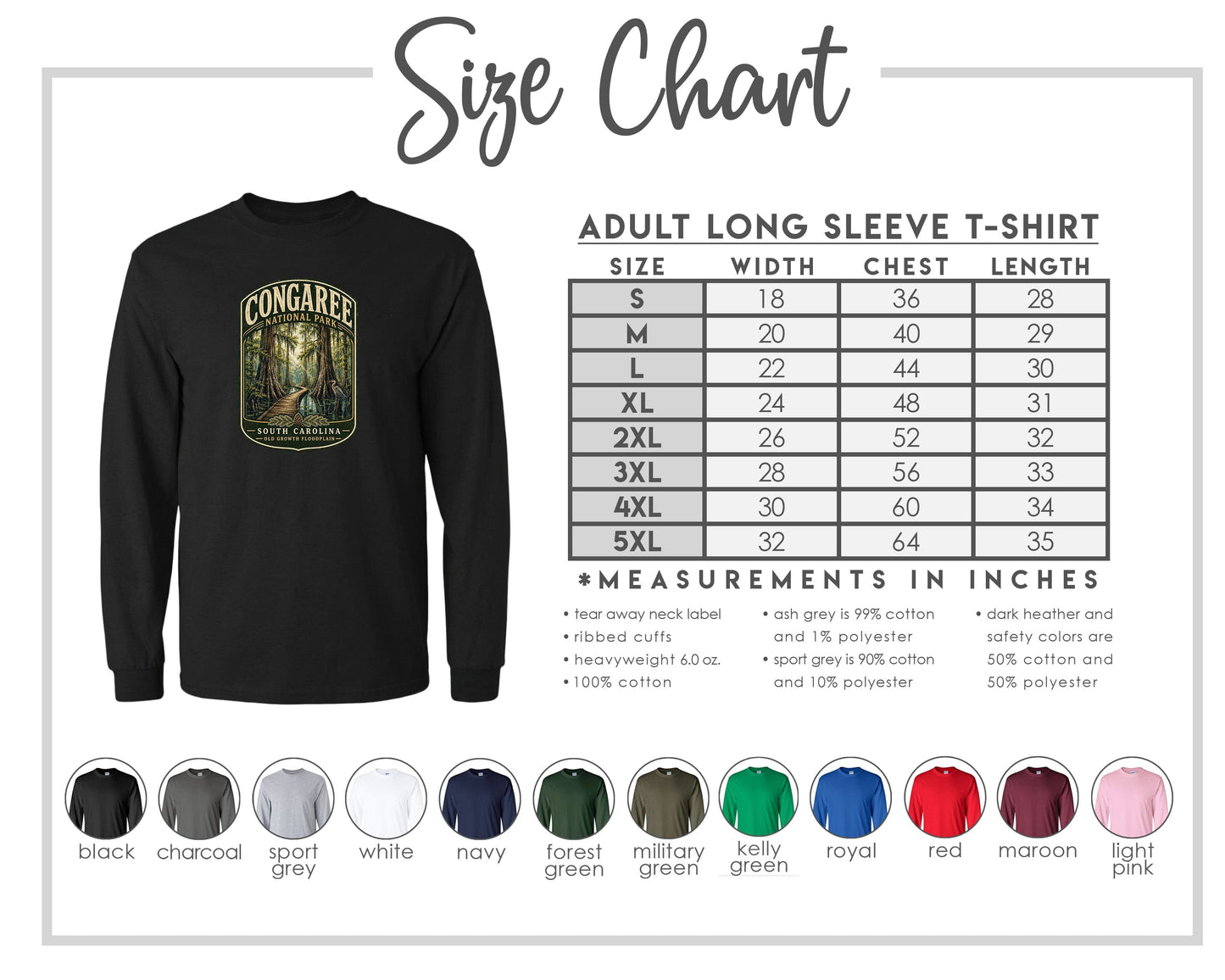 The image is a size chart for an adult long sleeve t-shirt, including a black t-shirt with a graphic design and a table with measurements and corresponding sizes.
