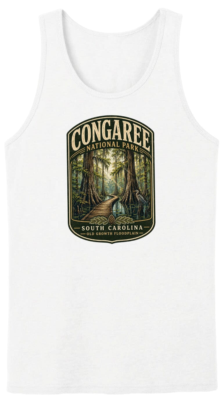 A white tank top with a graphic design depicting a forest scene with a winding path leading through the trees.
