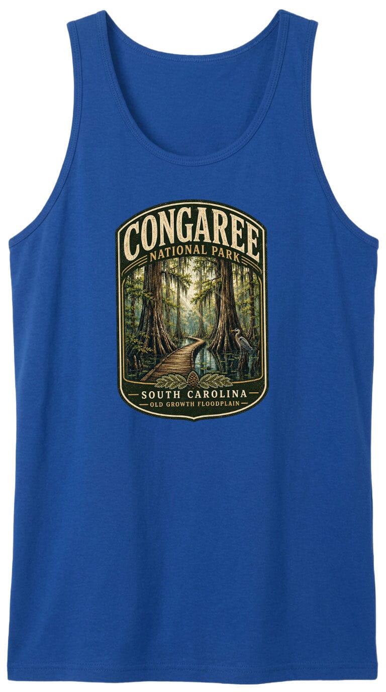 A blue tank top with a graphic design depicting a forest scene with a path leading through it, surrounded by trees and foliage.