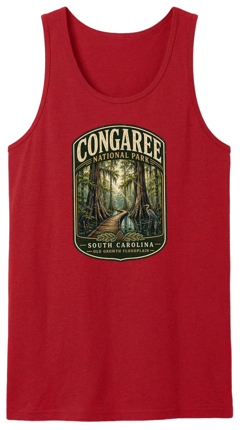 A red tank top with a graphic design depicting a forest scene with a path leading through it, surrounded by trees and foliage.