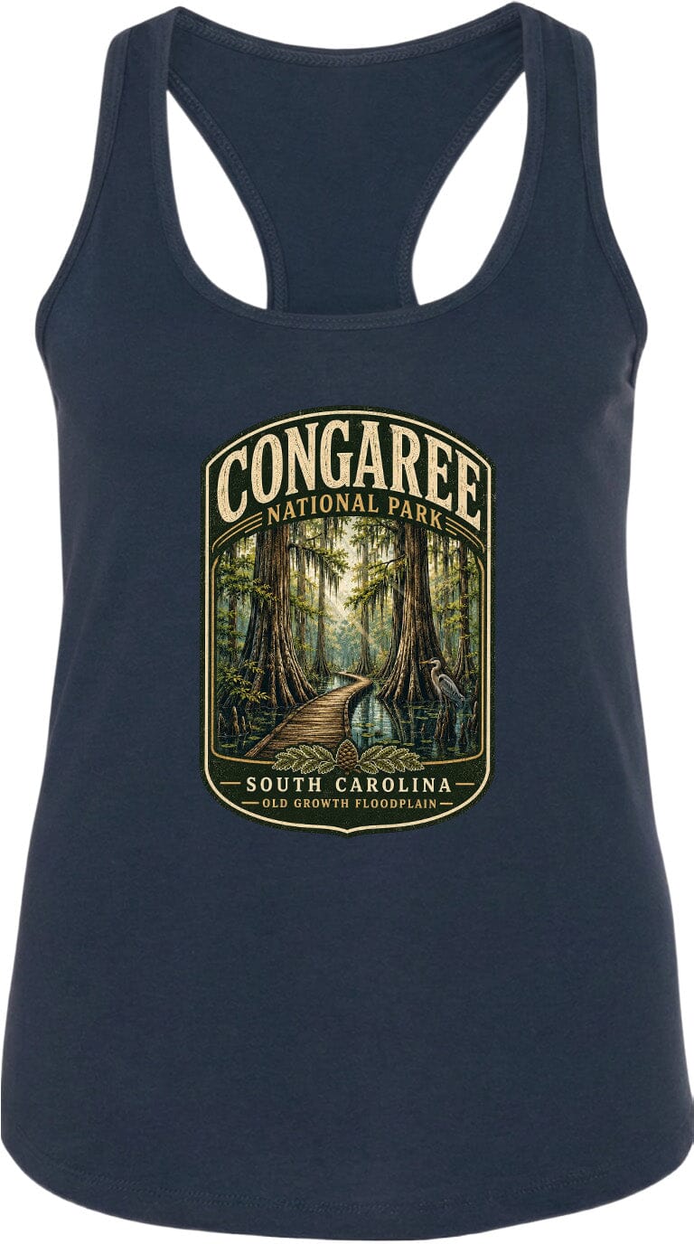 A black tank top with a graphic design depicting a forest scene with a winding path leading through the trees.