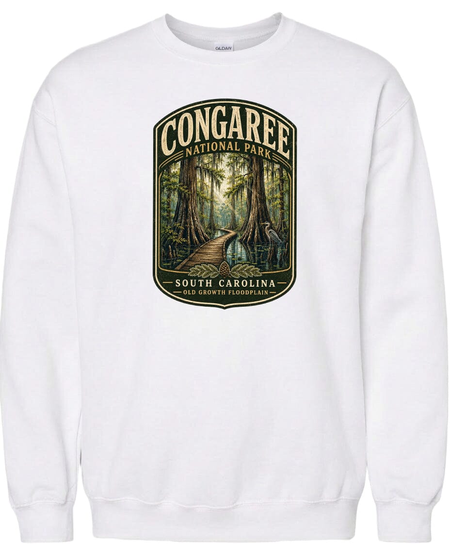 A white sweatshirt with a graphic design depicting a forest scene with a path leading through it.