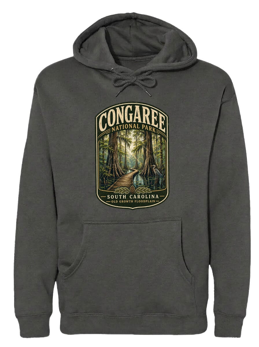 A gray hoodie with a graphic design depicting a forest scene, specifically the Congaree National Park in South Carolina.