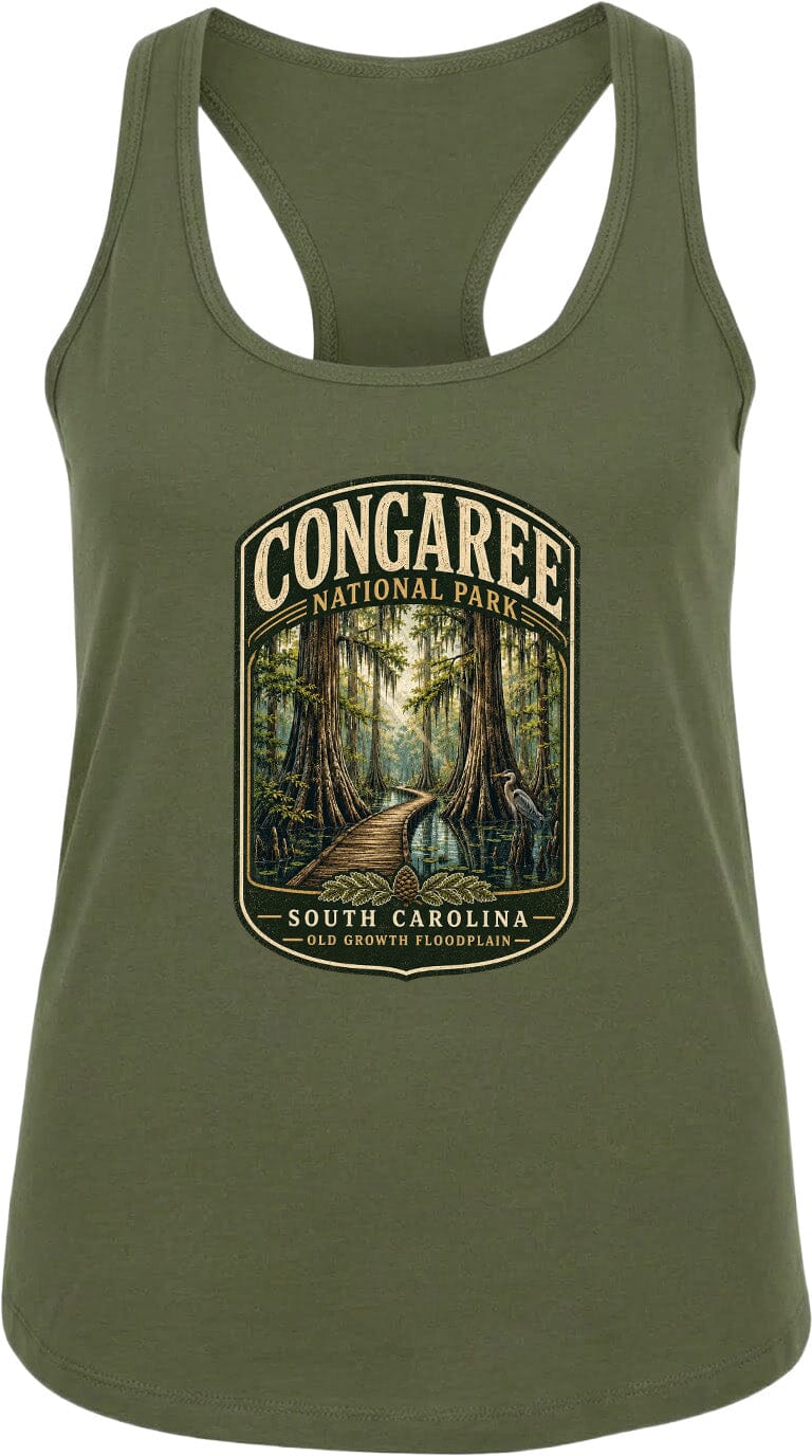 A green tank top with a graphic design depicting a forest scene, specifically the Congaree National Park in South Carolina.