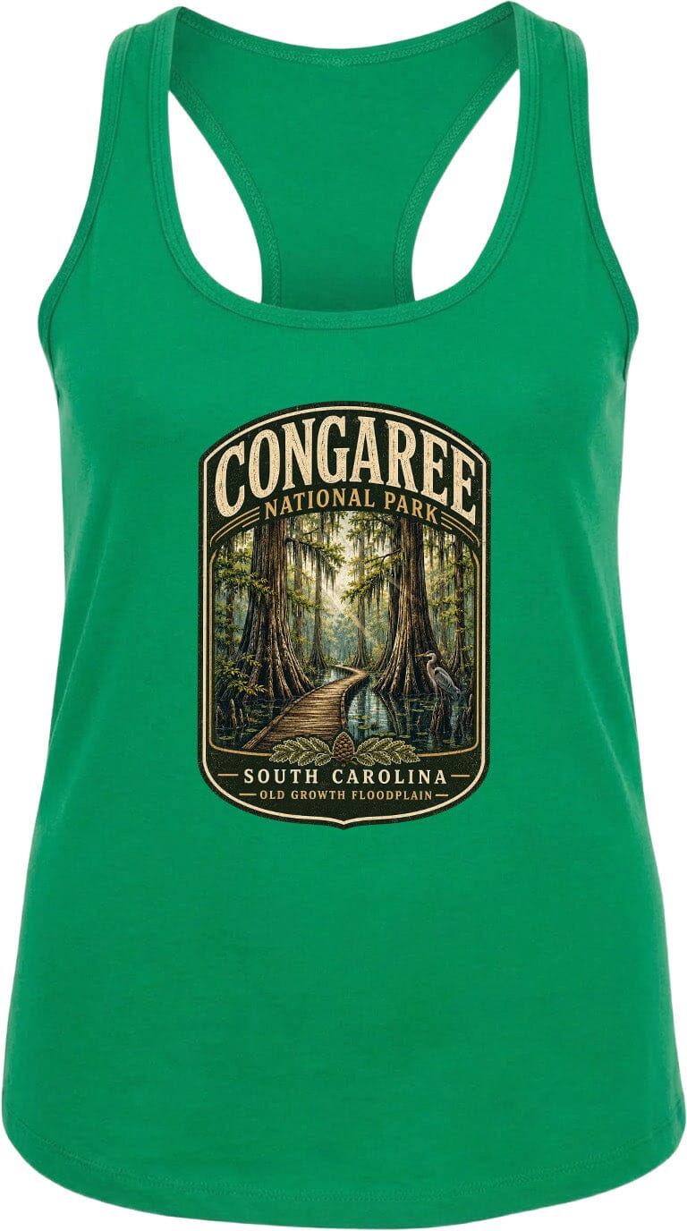 A green tank top with a graphic design depicting a forest scene and the text "CONGAREE NATIONAL PARK SOUTH CAROLINA OLD GROWTH FLOODPLAIN".