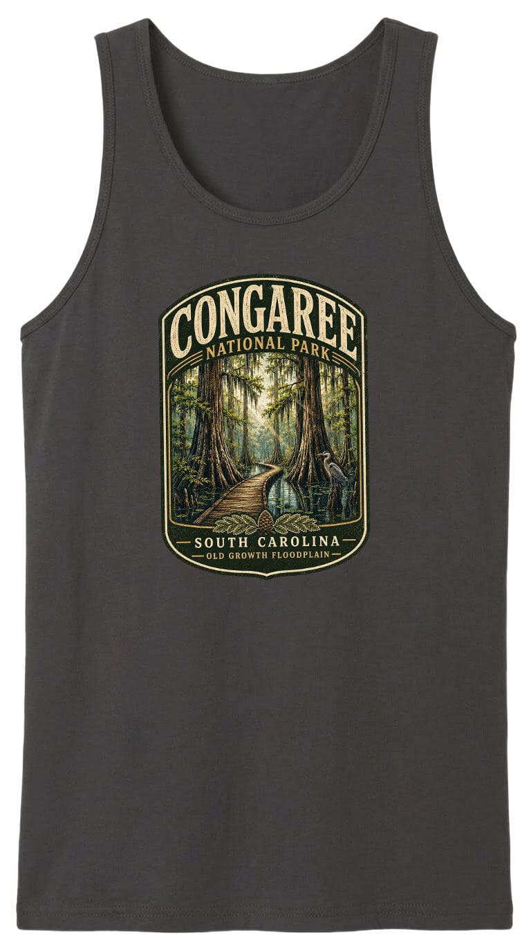 A black tank top with a graphic design depicting a forest scene with a winding path leading through the trees.