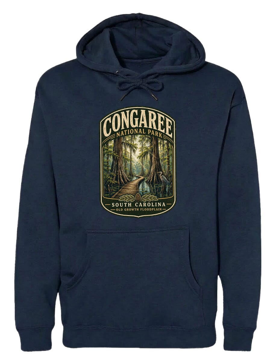 A navy blue hoodie with a graphic design depicting a forest scene, specifically the Congaree National Park in South Carolina.