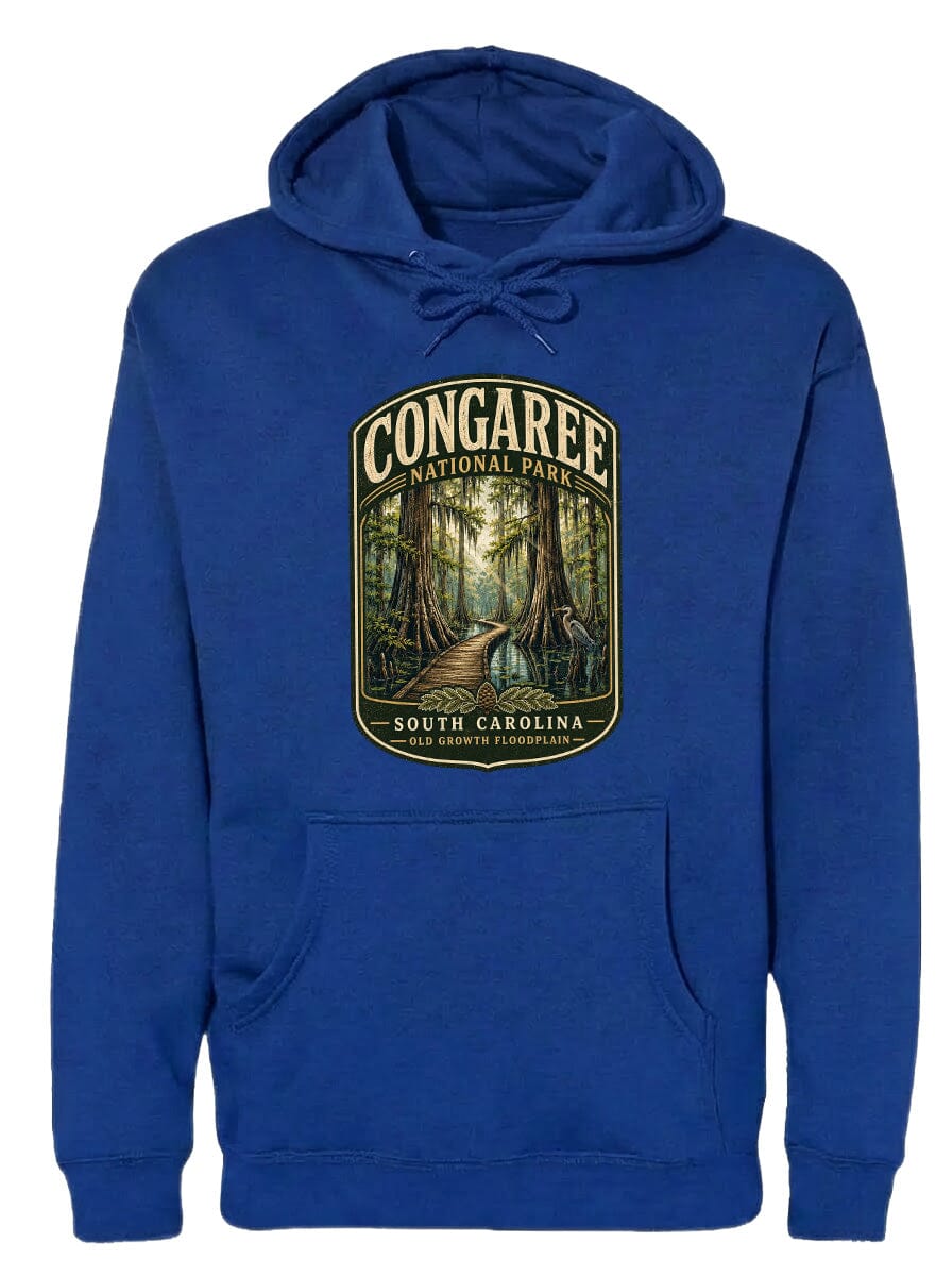 A blue hoodie with a graphic design depicting a forest scene, specifically the Congaree National Park in South Carolina.