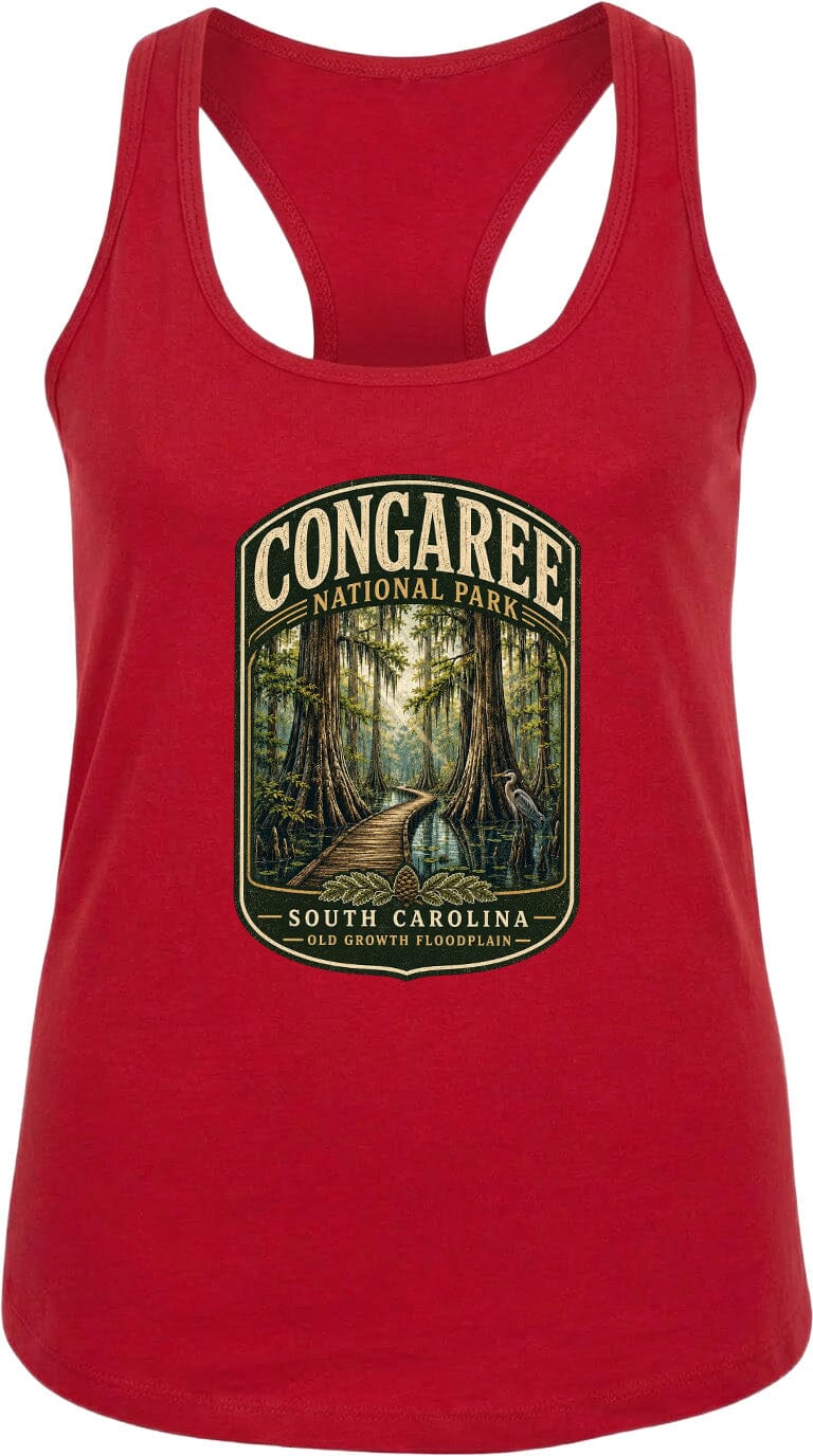 A red tank top with a graphic design depicting a forest scene, specifically the Congaree National Park in South Carolina.