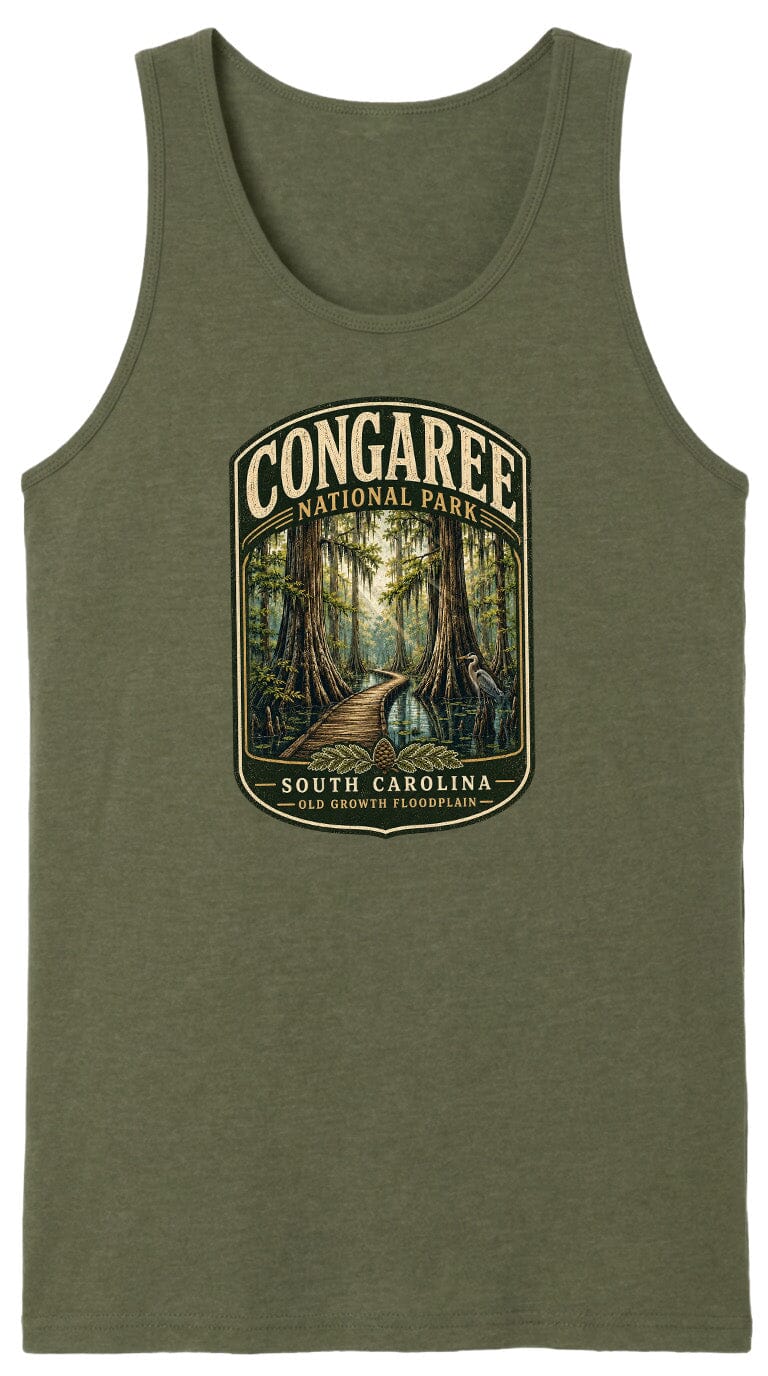 A green tank top with a graphic design depicting a forest scene with a path leading through it, surrounded by trees and foliage.