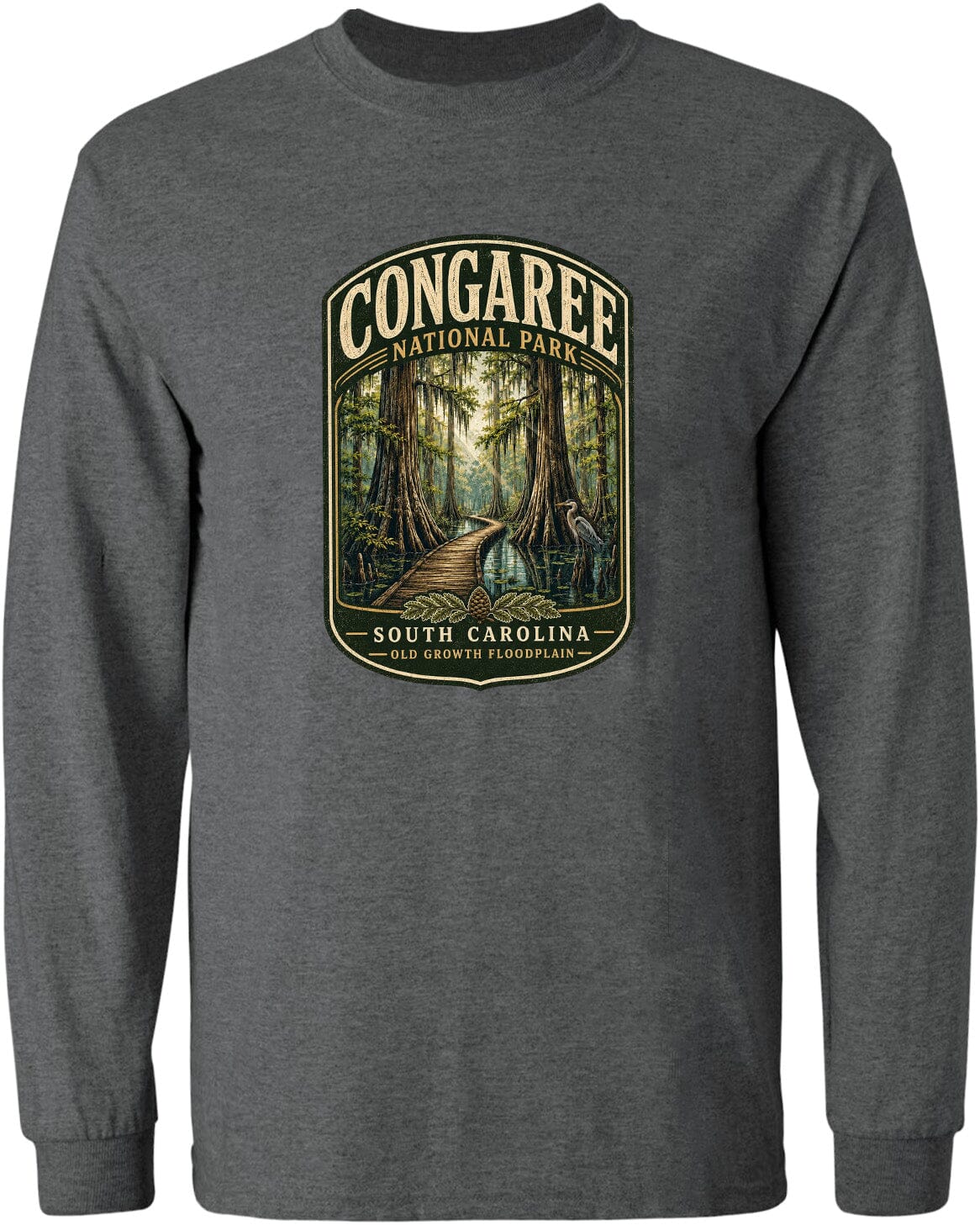 A gray long-sleeved t-shirt with a graphic design depicting a forest scene with a winding path leading through the trees.