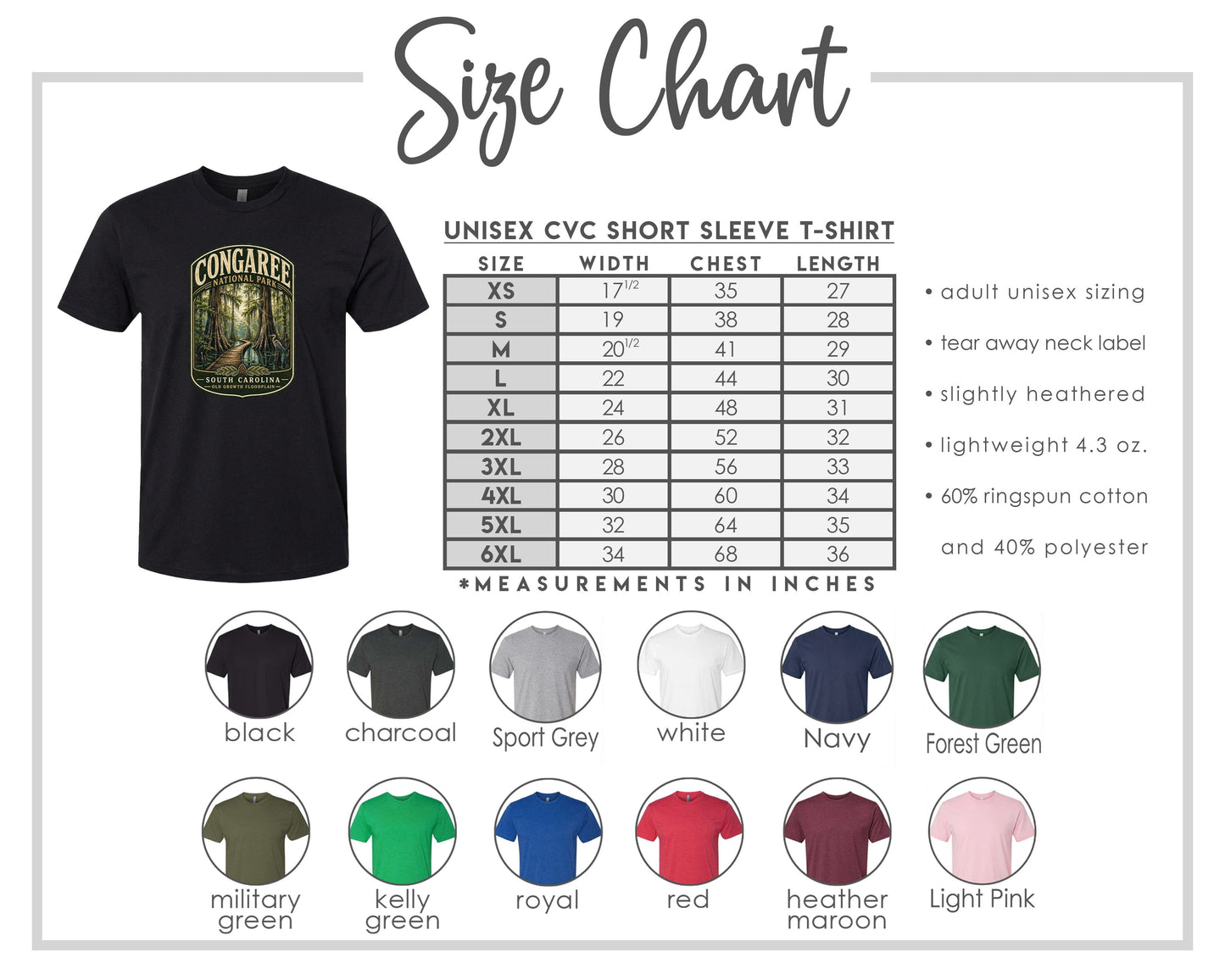 The image is a size chart for a short sleeve t-shirt, including various sizes and measurements in inches.