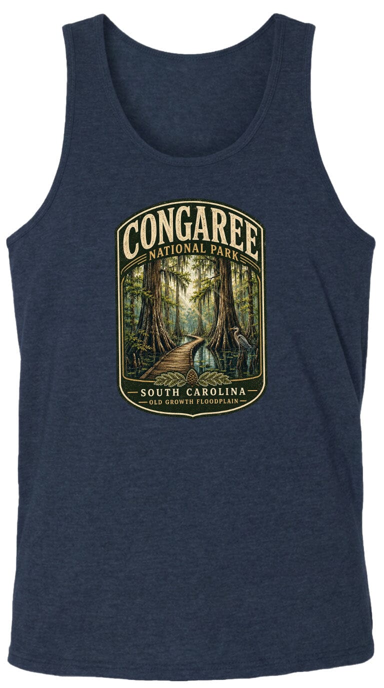 A navy blue tank top with a graphic design depicting a forest scene with a winding path leading through the trees.