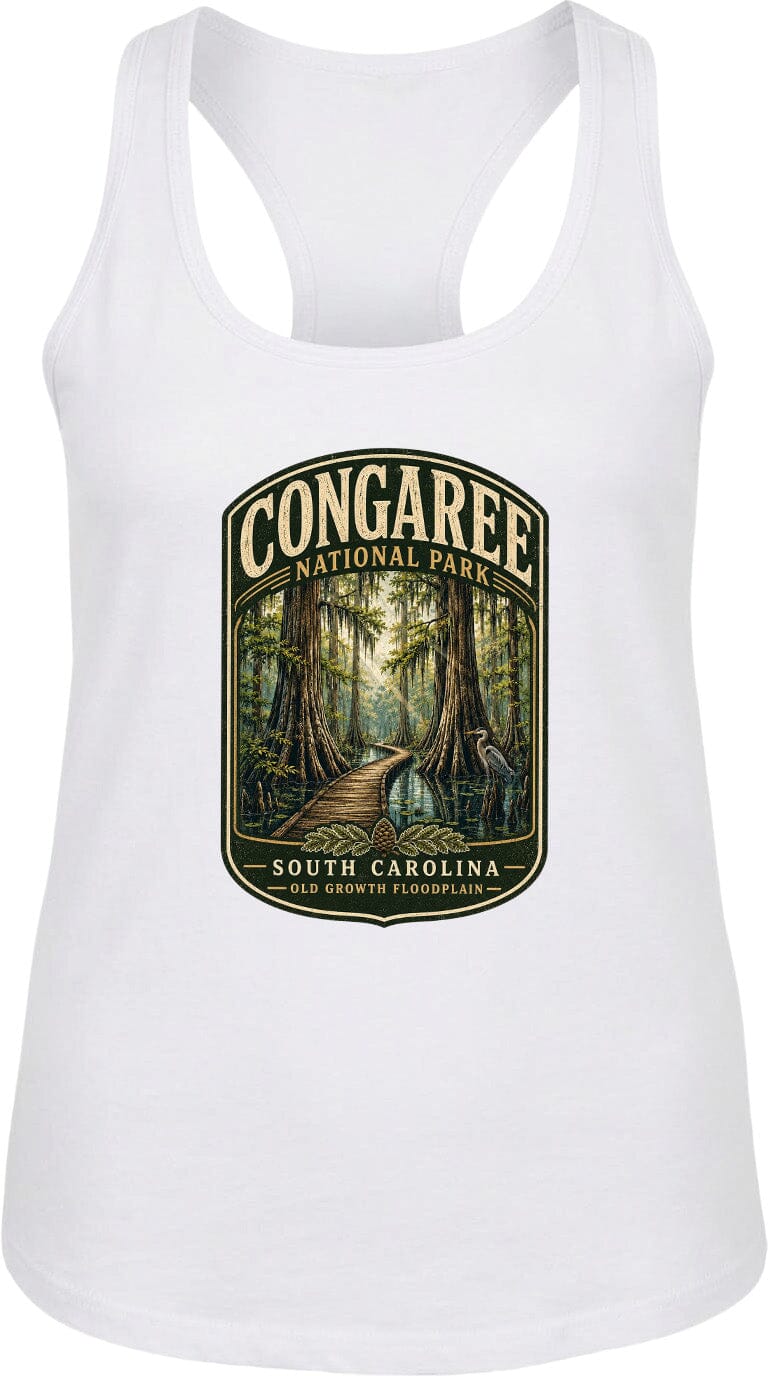 A white tank top with a graphic design depicting a forest scene with a winding path leading through the trees.