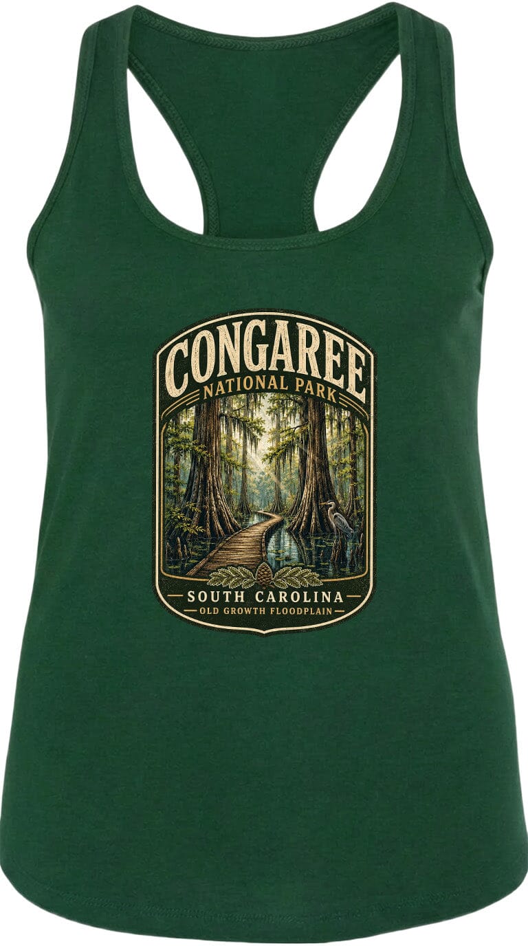 A green tank top with a graphic design depicting a forest scene with a path leading through it, surrounded by trees and foliage.