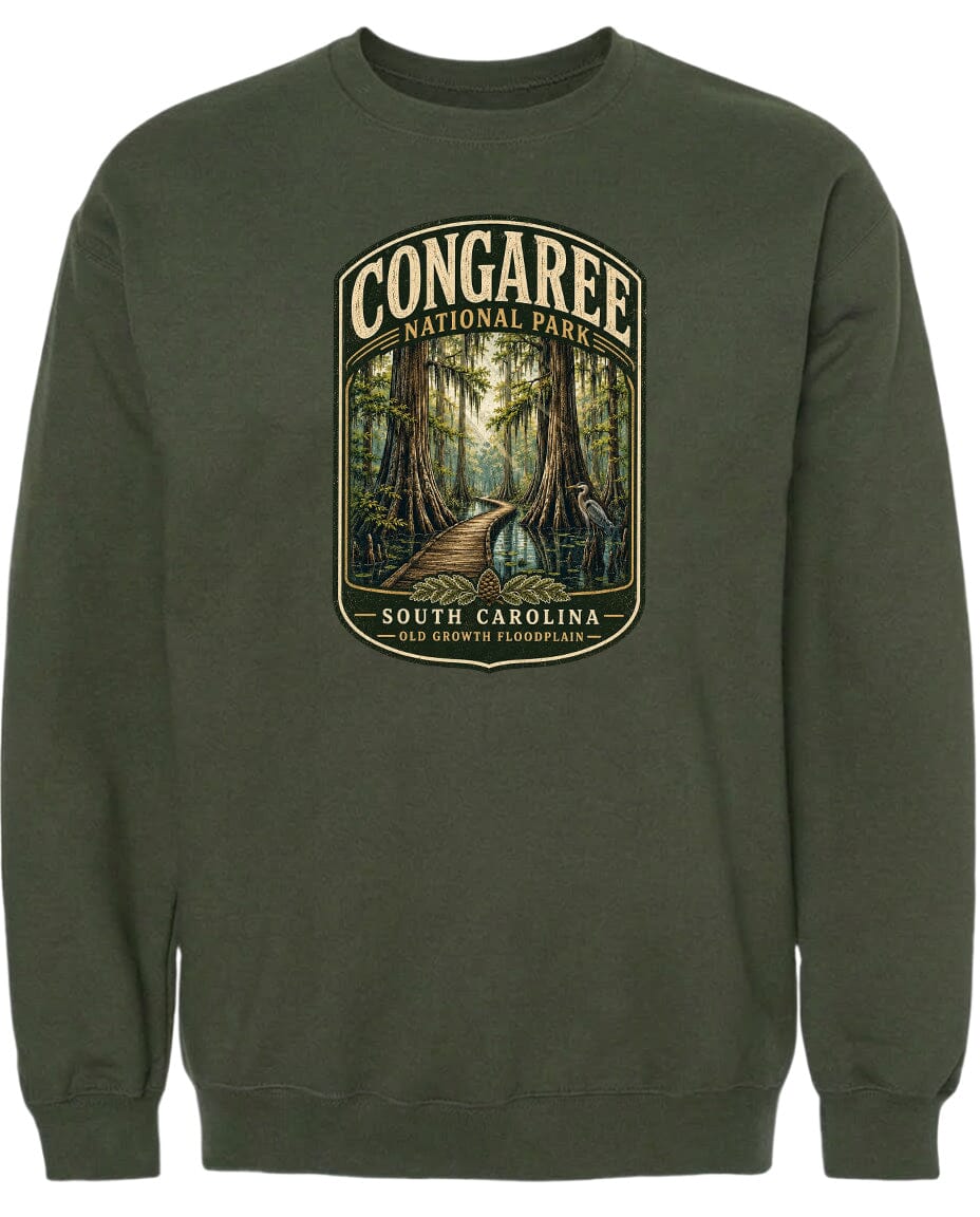 A green sweatshirt with a graphic design depicting a forest scene with a path leading through it.