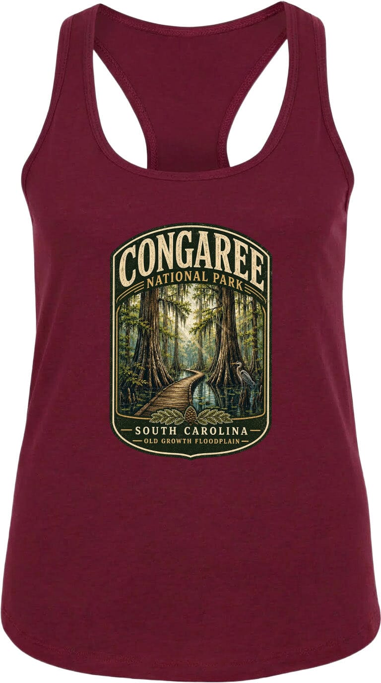 A maroon tank top with a graphic design depicting a forest scene, specifically the Congaree National Park in South Carolina.