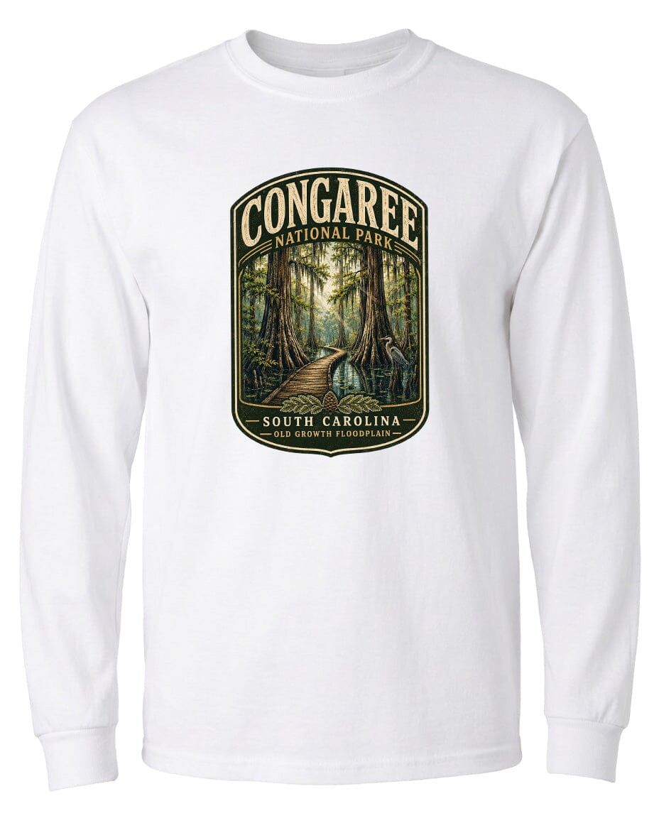 A white long-sleeved t-shirt with a graphic design depicting a forest path leading through a lush, green landscape.