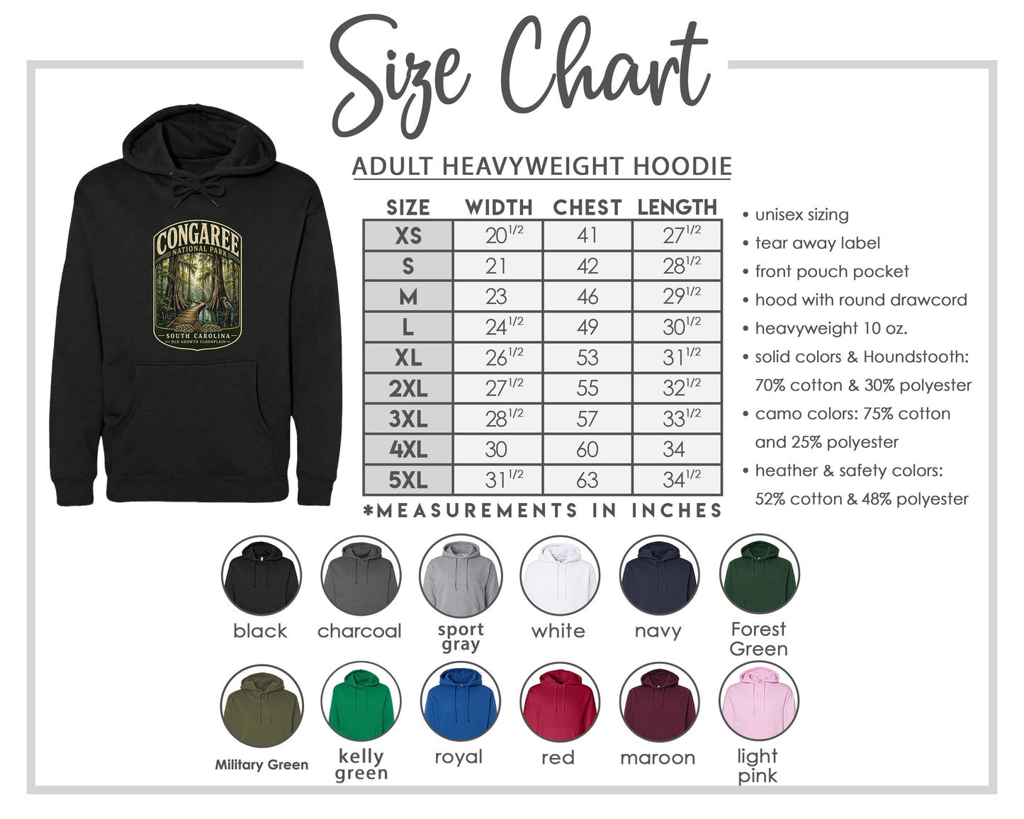 The image is a size chart for an adult heavyweight hoodie, including various color options and measurements in inches.