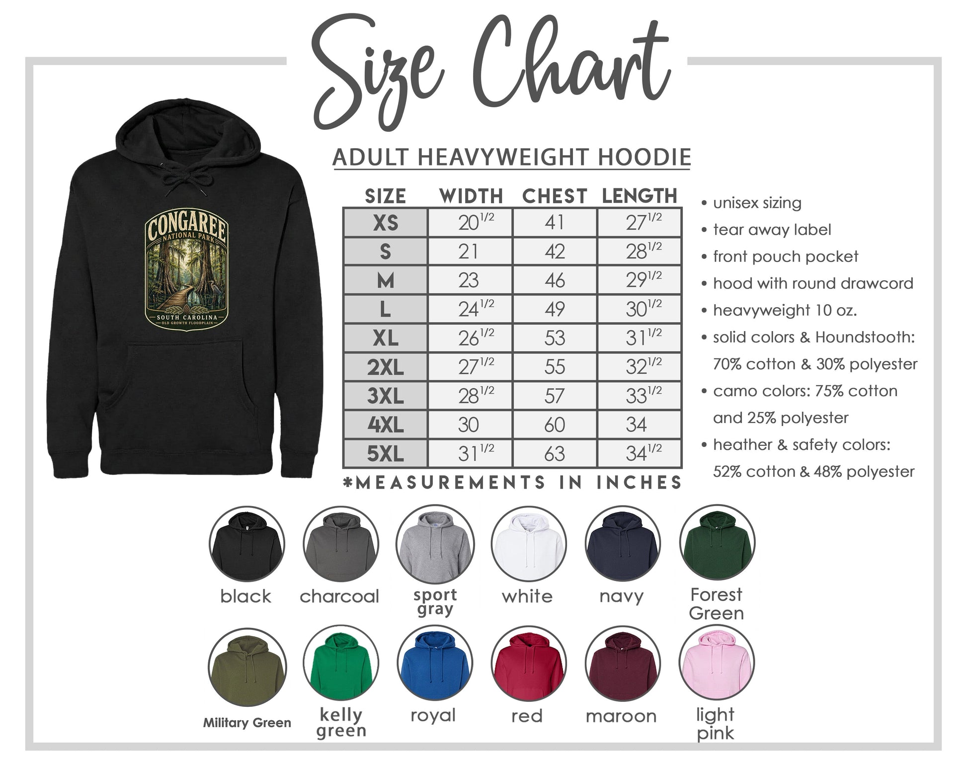 The image is a size chart for an adult heavyweight hoodie, including various color options and measurements in inches.
