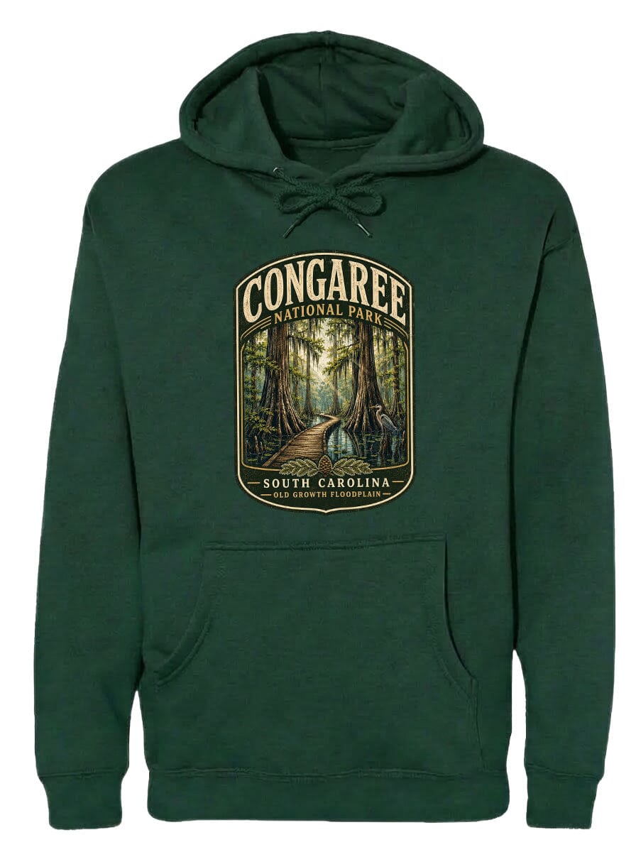A green hoodie with a graphic design depicting a forest scene, specifically the Congaree National Park in South Carolina.