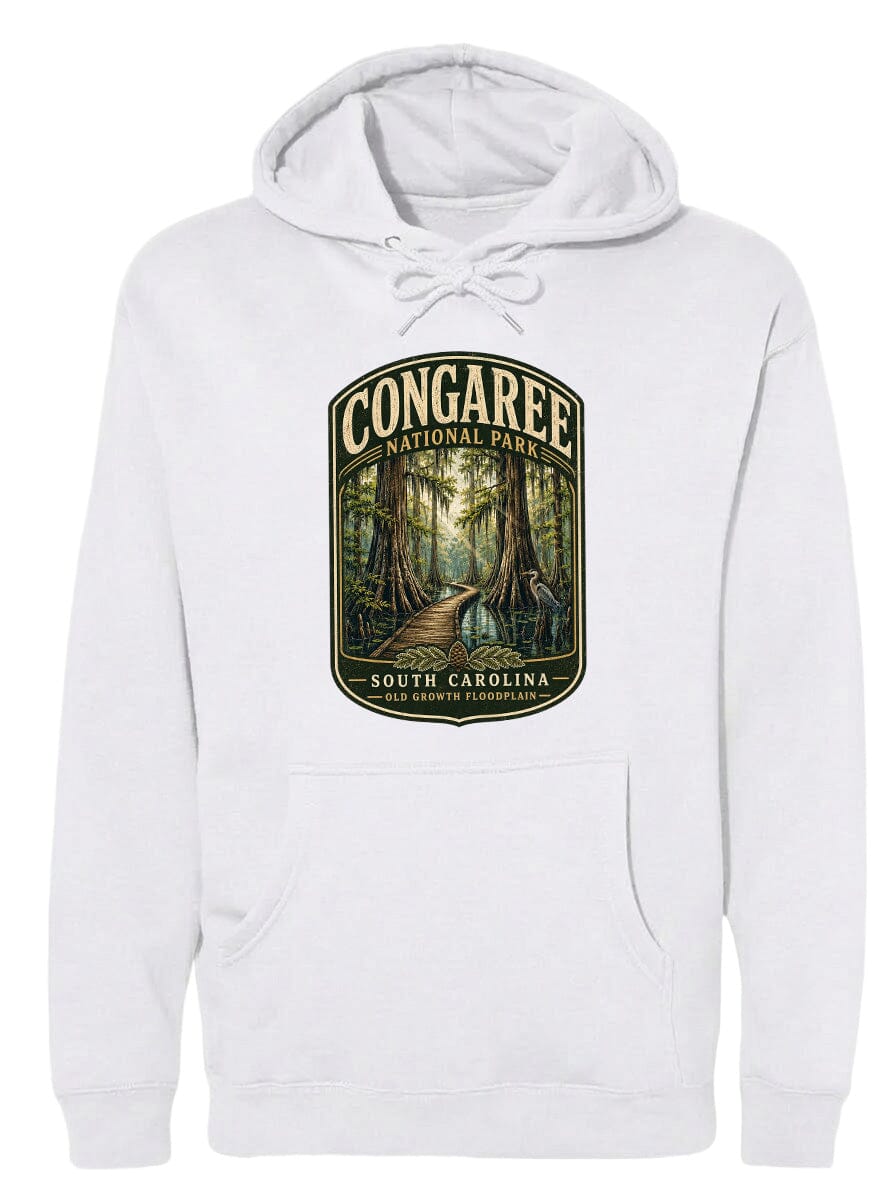 A white hoodie with a graphic design depicting a forest scene, specifically the Congaree National Park in South Carolina.