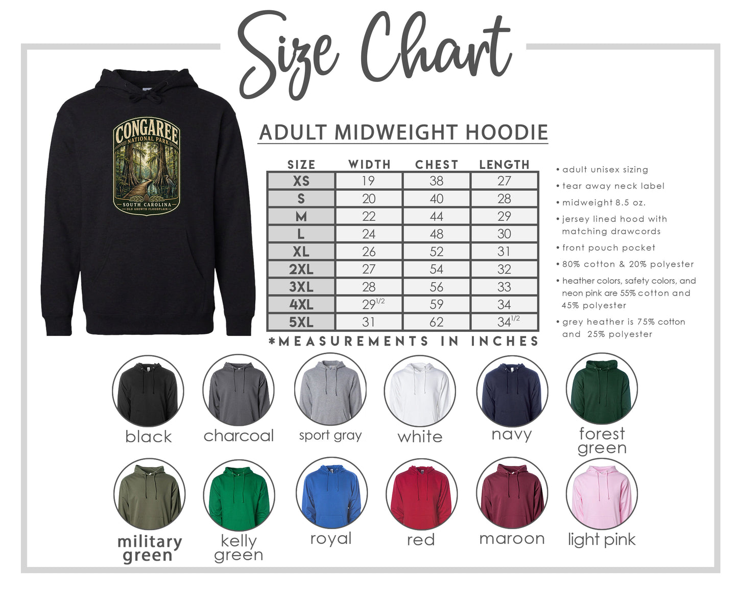 The image is a size chart for an adult midweight hoodie, including various color options and corresponding measurements in inches.
