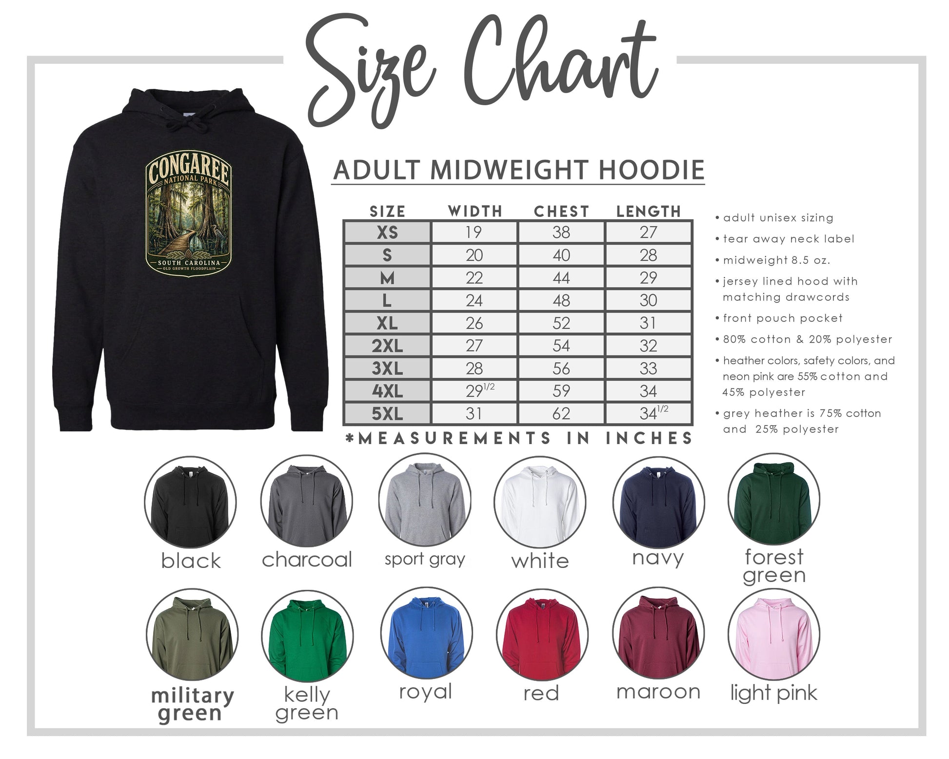 The image is a size chart for an adult midweight hoodie, including various color options and corresponding measurements in inches.