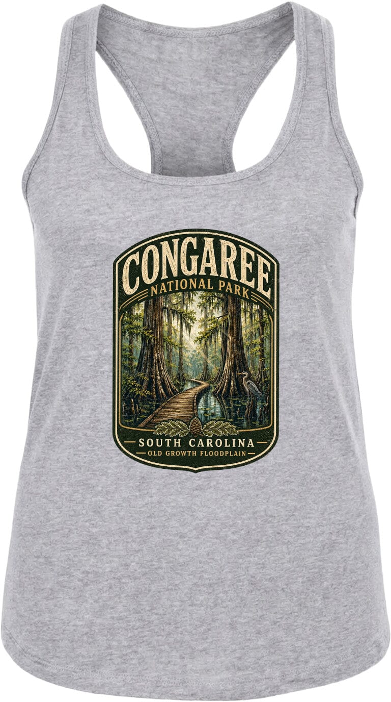 A gray tank top with a graphic design depicting a forest scene with a winding path leading through the trees.