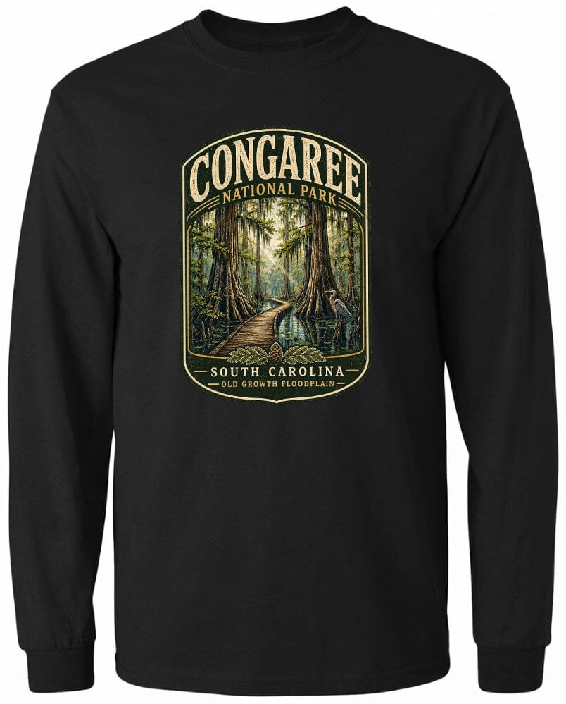 A black long-sleeved t-shirt with a graphic design depicting a forest scene with a winding path leading through the trees.