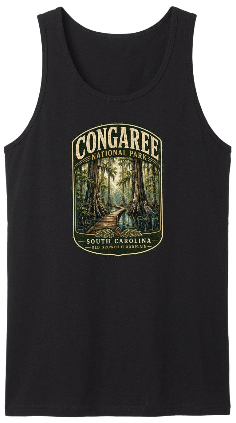 A black tank top with a graphic design depicting a forest scene with a winding path leading through the trees.