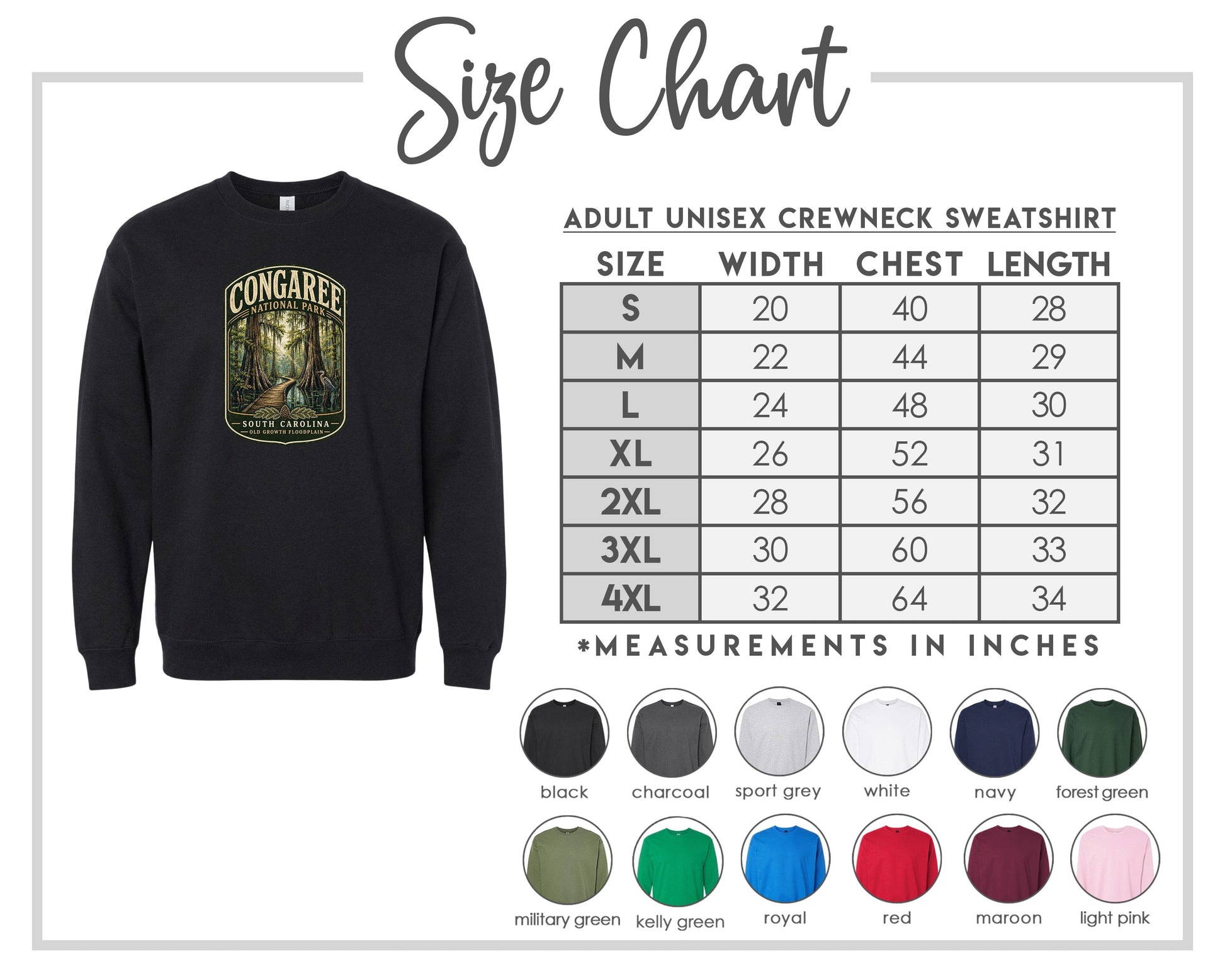 The image is a size chart for an adult unisex crewneck sweatshirt. It includes a black crewneck sweatshirt with a graphic design and a table with size measurements for different chest and waist sizes.